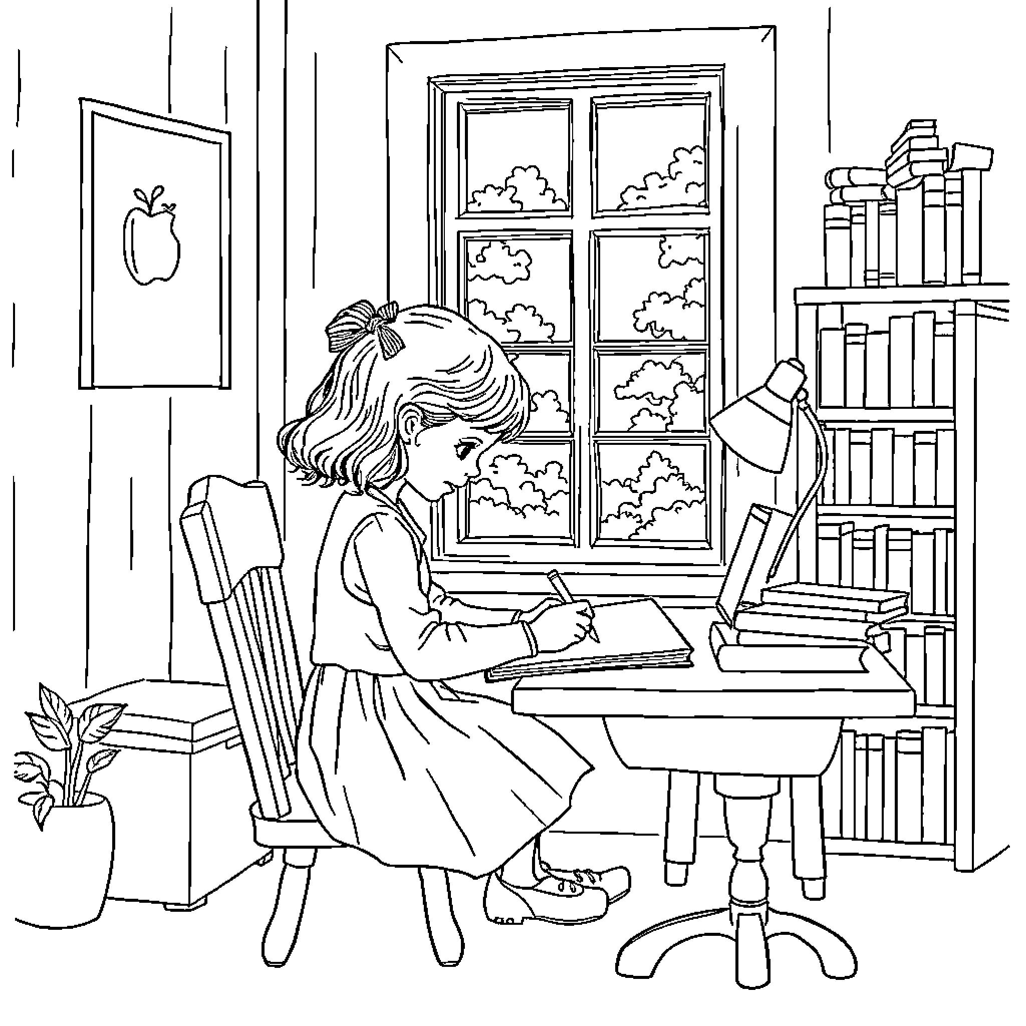 Fille studieuse dans son bureau Coloring Page (free black-and-white line drawing printable PDF for all, from beginners to advanced learners, including children, teens, adults, and seniors)