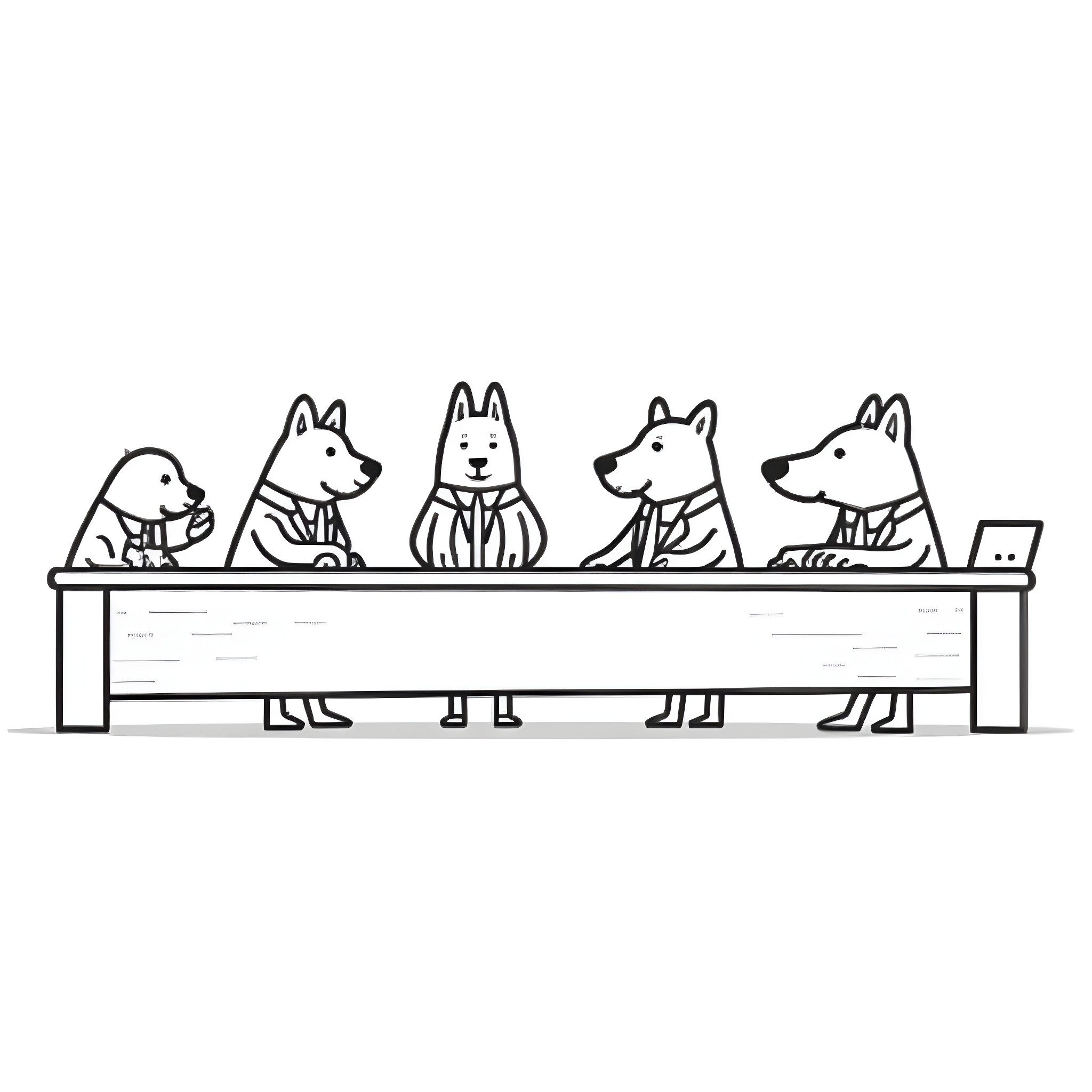 Dogs having a meeting at the table Coloring Page (free black-and-white line drawing printable PDF for all, from beginners to advanced learners, including children, teens, adults, and seniors)