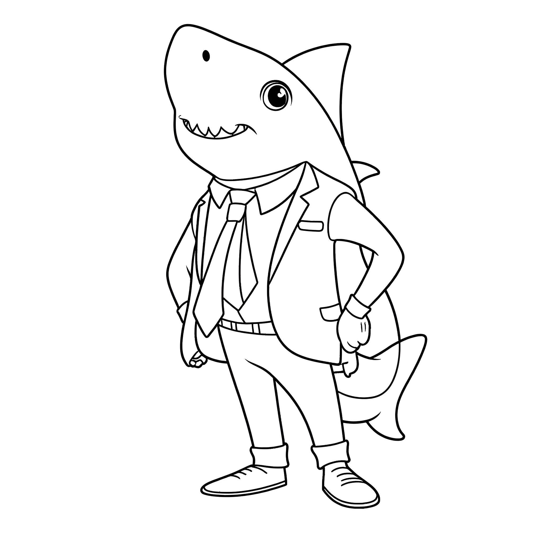 Shark wearing a suit and tie Coloring Page (free black-and-white line drawing printable PDF for all, from beginners to advanced learners, including children, teens, adults, and seniors)