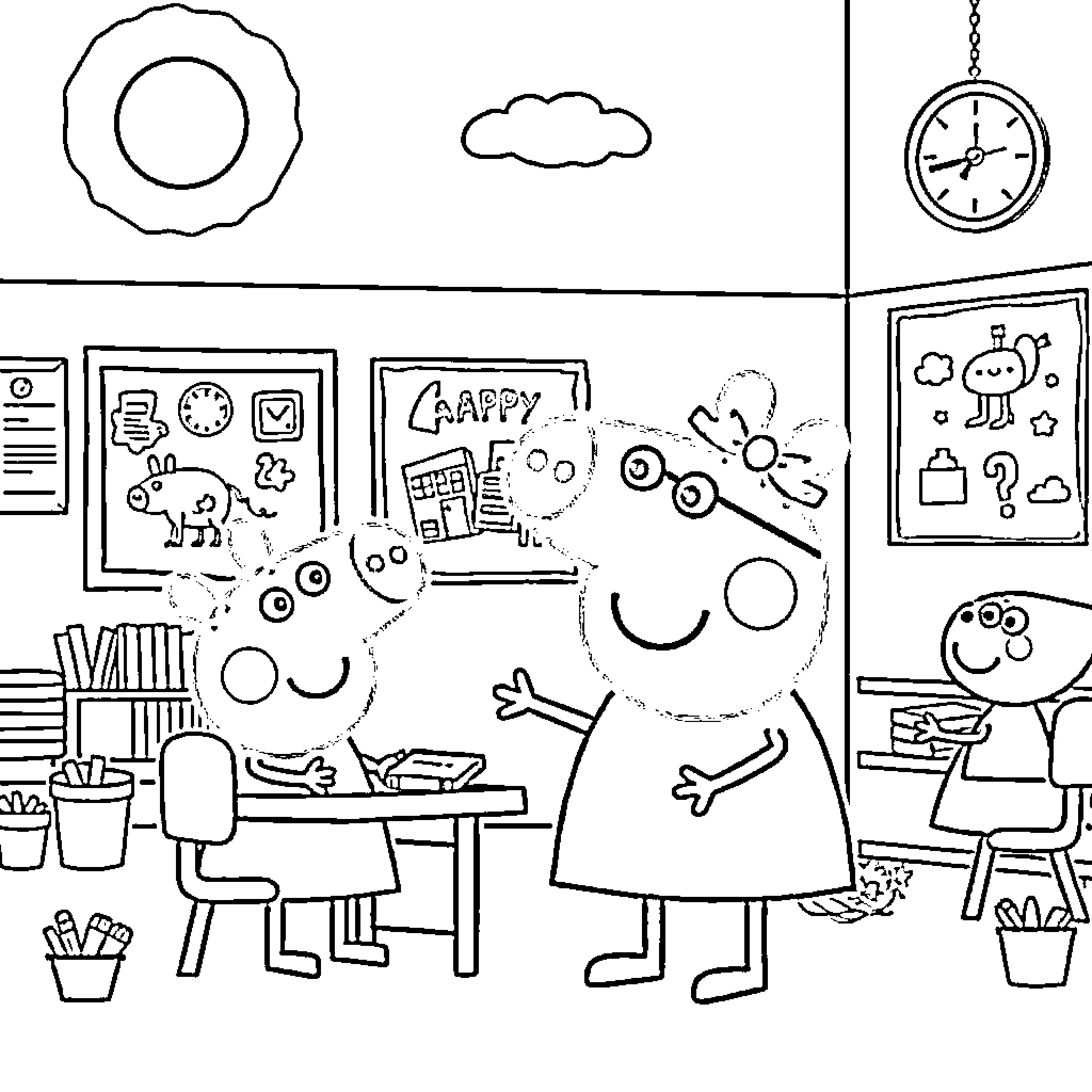 Peppa Pig enjoying happy classroom activities Coloring Page (free black-and-white line drawing printable PDF for all, from beginners to advanced learners, including children, teens, adults, and seniors)