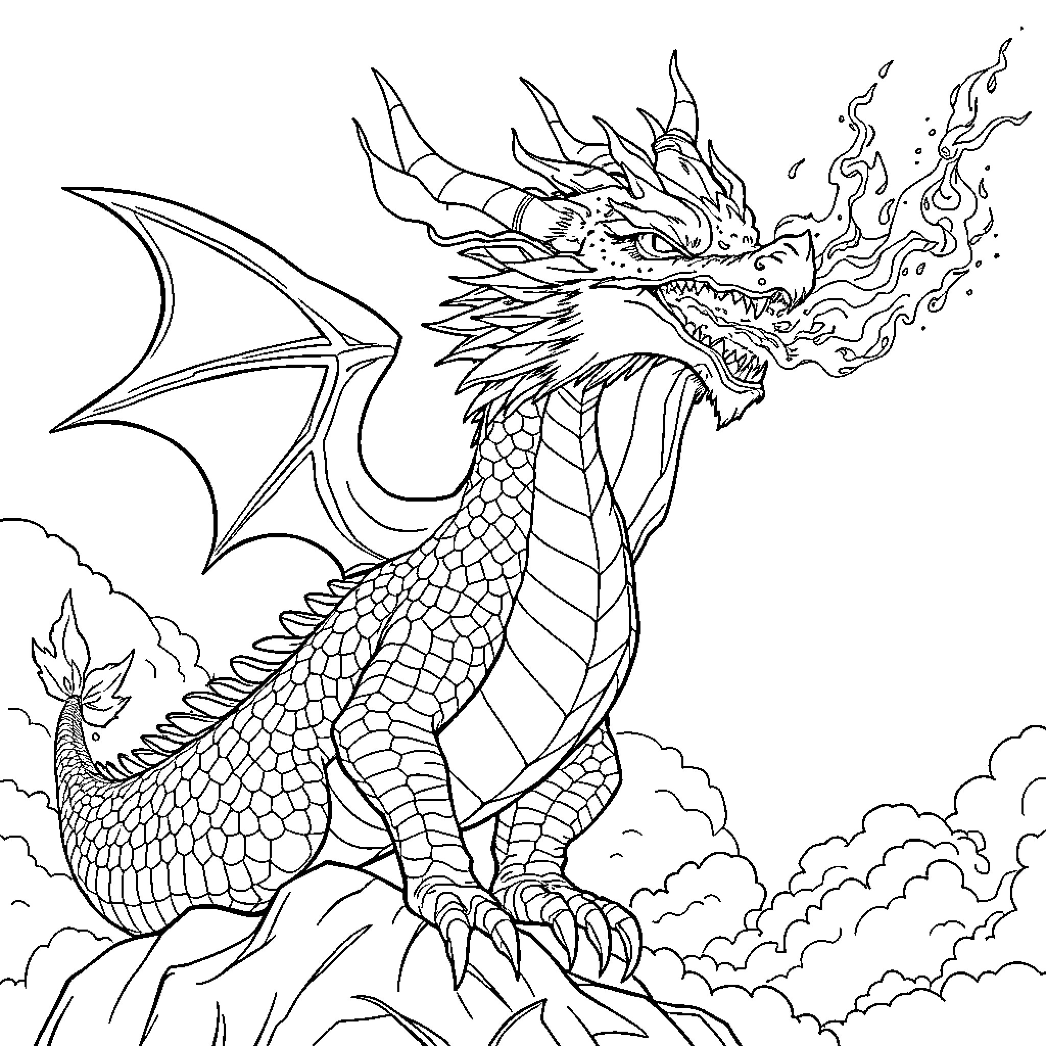 Dragon breathing fire atop a rocky cliff Coloring Page (free black-and-white line drawing printable PDF for all, from beginners to advanced learners, including children, teens, adults, and seniors)
