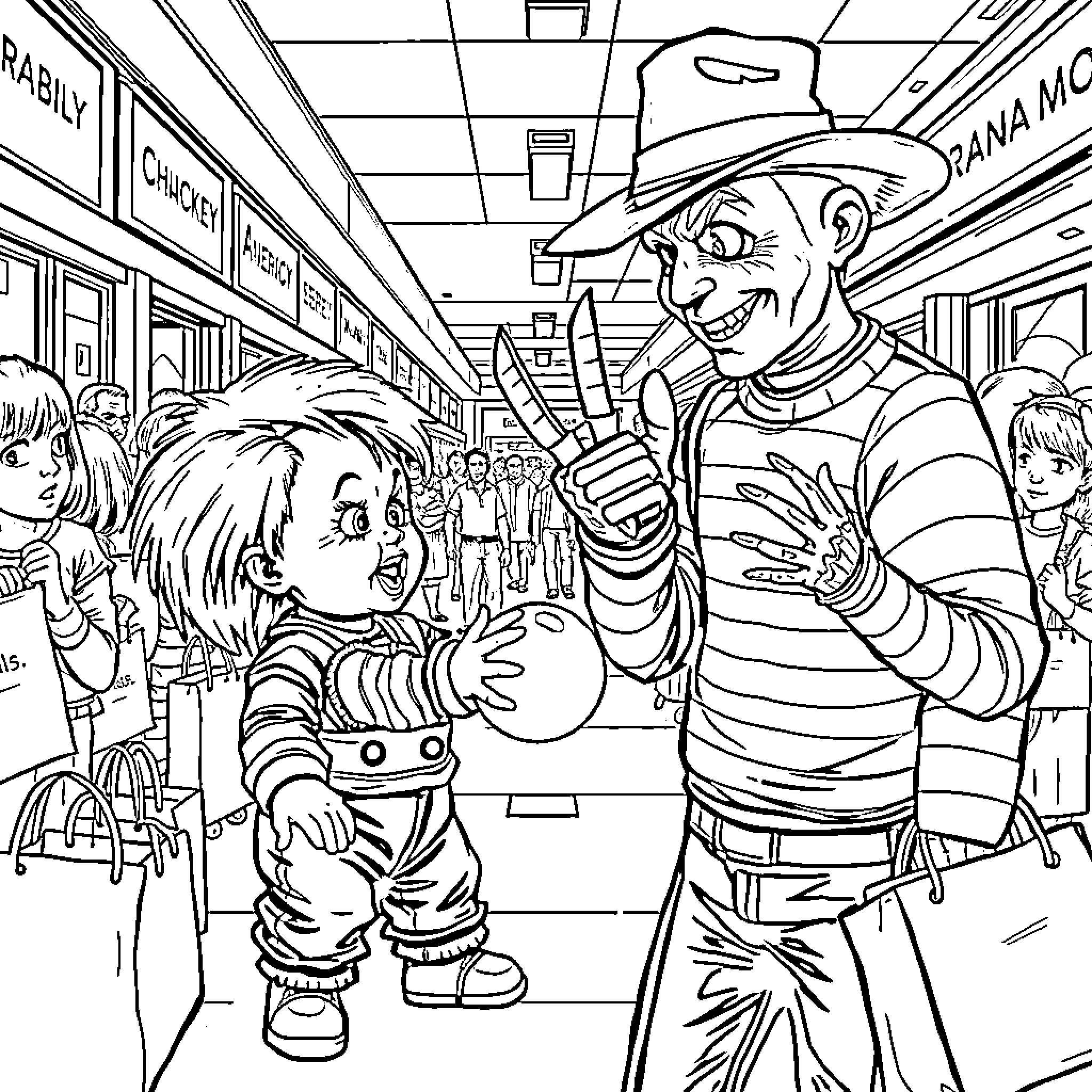 Chucky confronting a young boy in a store Coloring Page (free black-and-white line drawing printable PDF for all, from beginners to advanced learners, including children, teens, adults, and seniors)