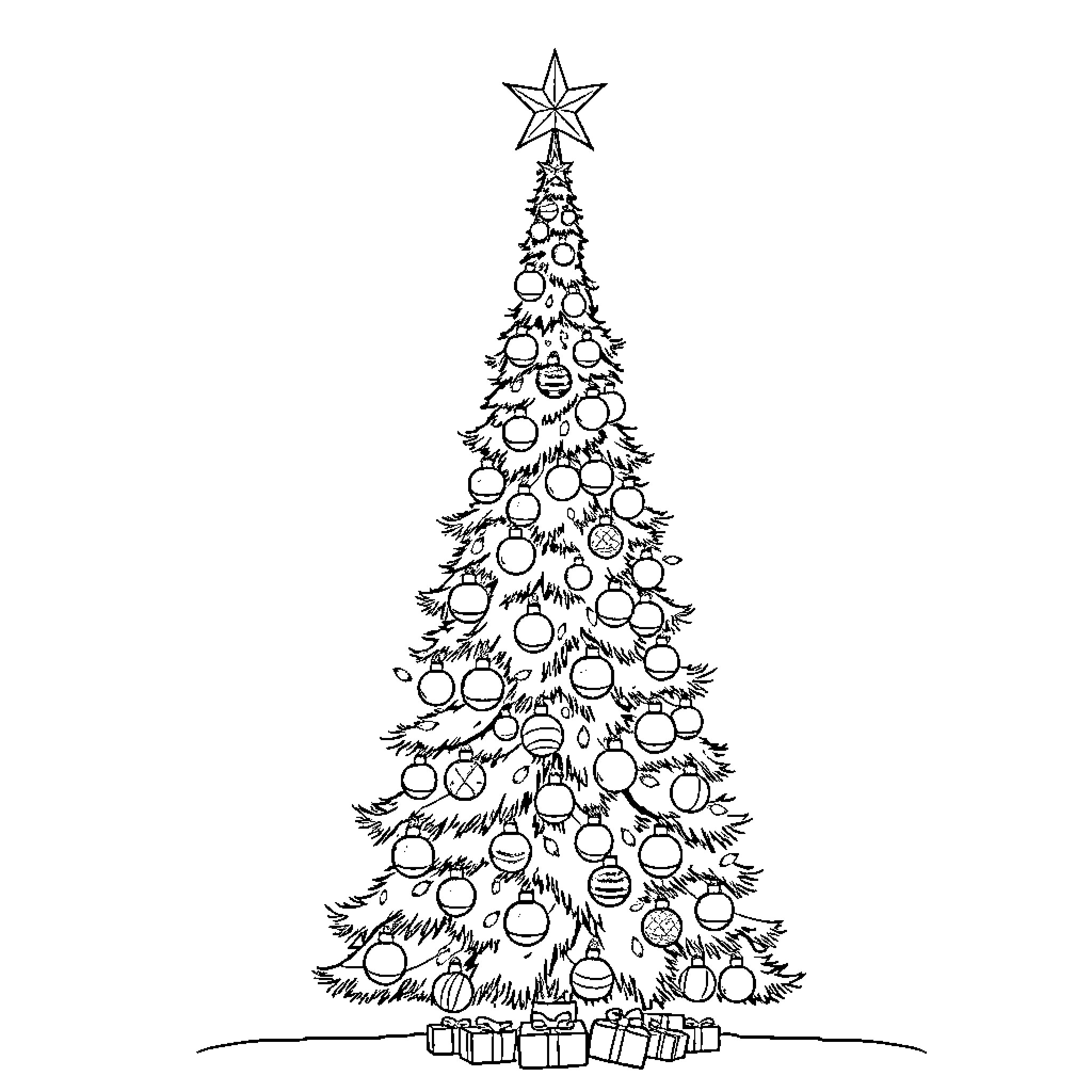 Christmas Tree with Decorative Ornaments Coloring Page (free black-and-white line drawing printable PDF for all, from beginners to advanced learners, including children, teens, adults, and seniors)