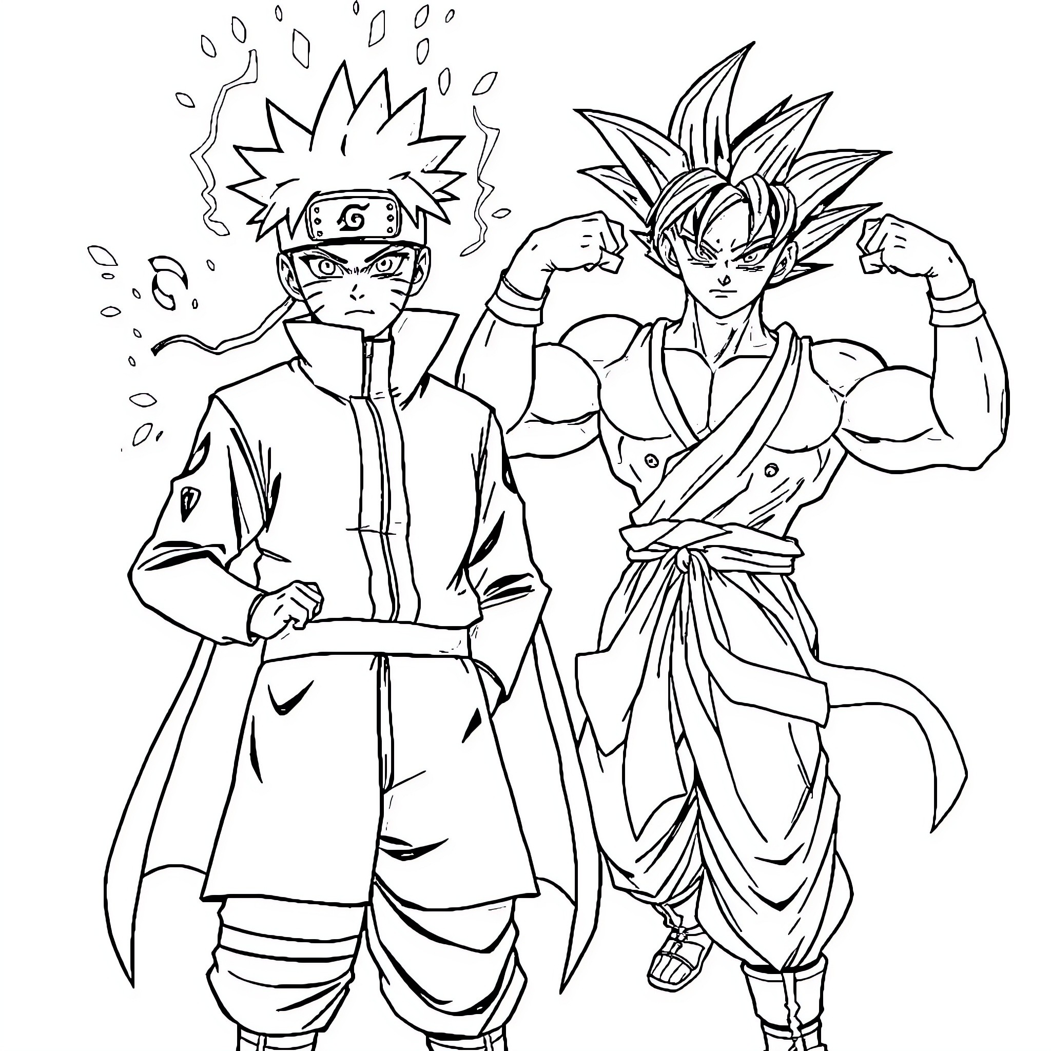 Naruto and Goku in action-packed pose Coloring Page (free black-and-white line drawing printable PDF for all, from beginners to advanced learners, including children, teens, adults, and seniors)