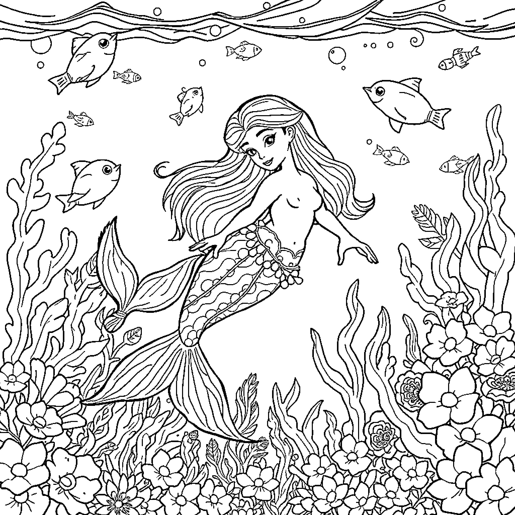 Mermaid swimming gracefully among vibrant sea life Coloring Page (free black-and-white line drawing printable PDF for all, from beginners to advanced learners, including children, teens, adults, and seniors)