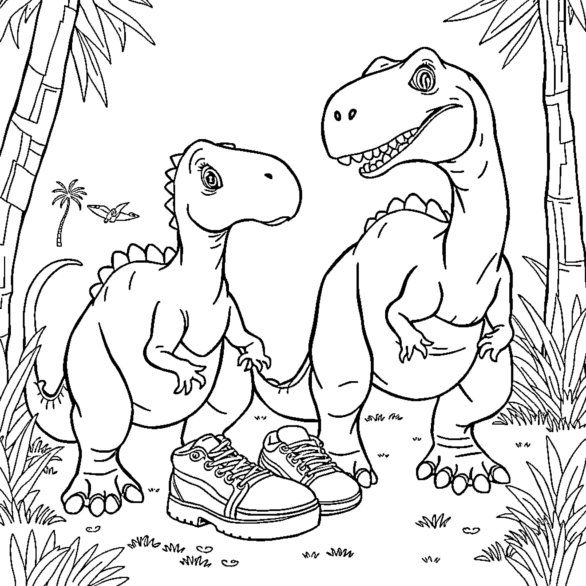Dinosaur Pals Explore Lush Jungle Landscape Coloring Page (free black-and-white line drawing printable PDF for all, from beginners to advanced learners, including children, teens, adults, and seniors)