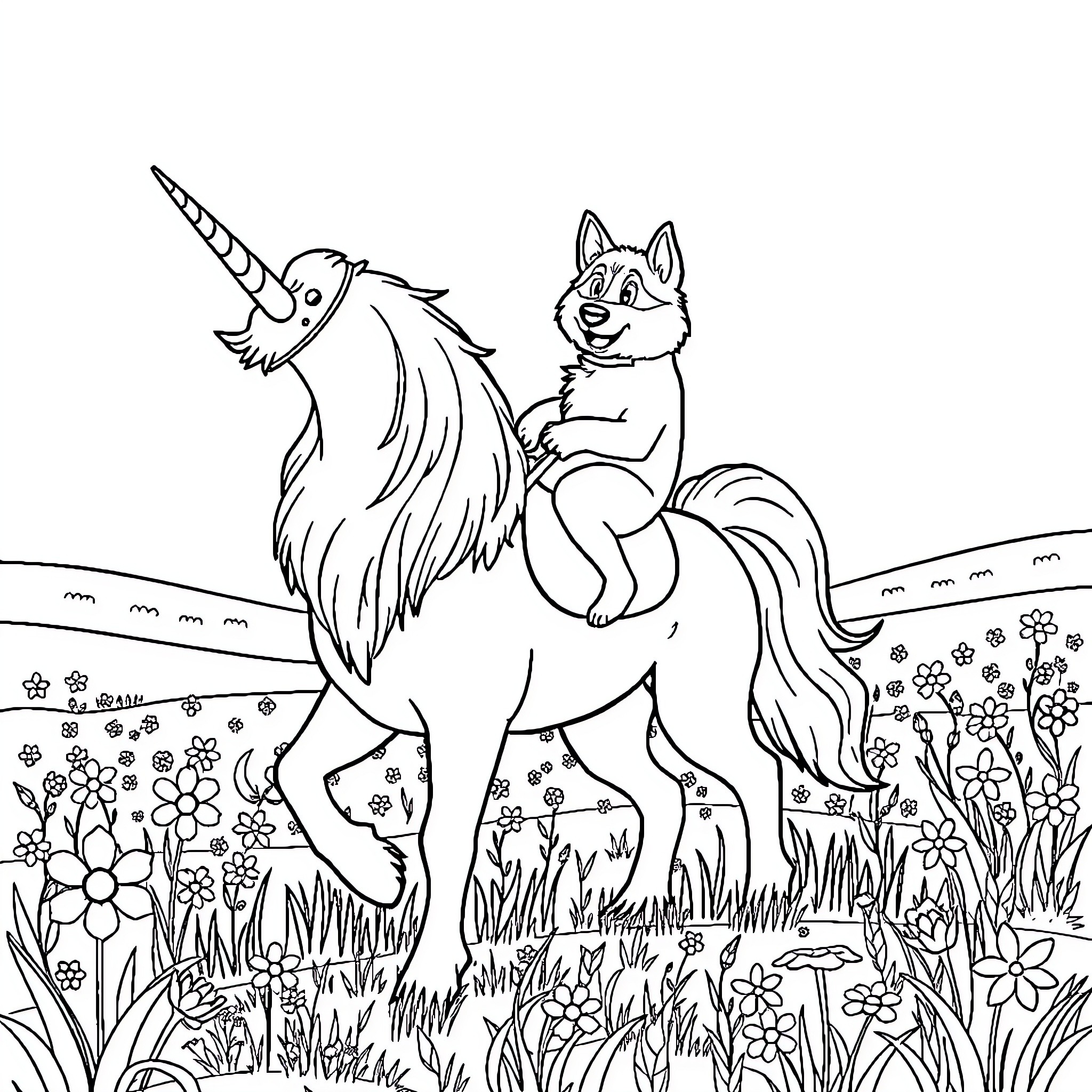 Husky Companion Riding Unicorn Through Enchanted Field Coloring Page (free black-and-white line drawing printable PDF for all, from beginners to advanced learners, including children, teens, adults, and seniors)