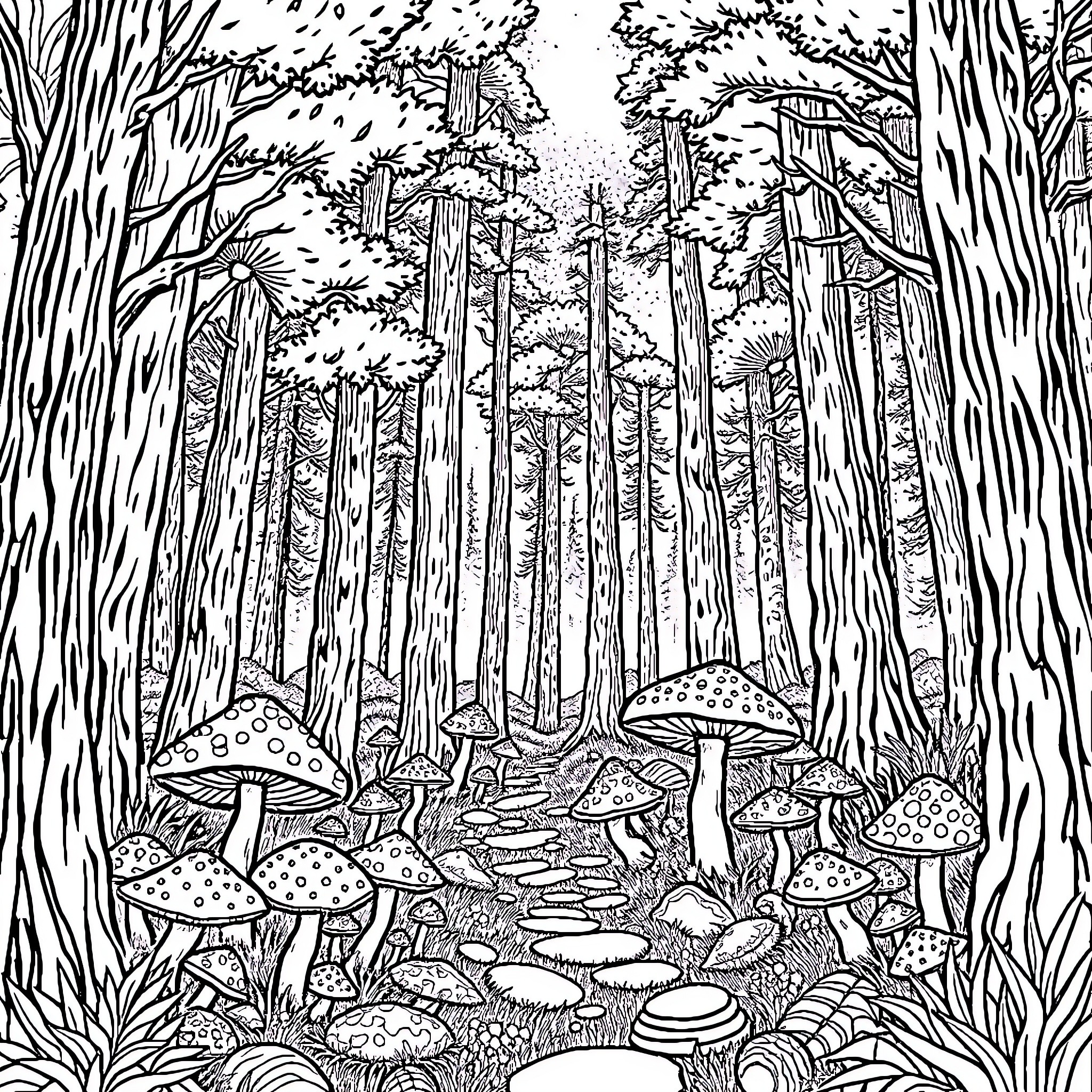 Mushroom Fantasy Forest Landscape Coloring Page (free black-and-white line drawing printable PDF for all, from beginners to advanced learners, including children, teens, adults, and seniors)