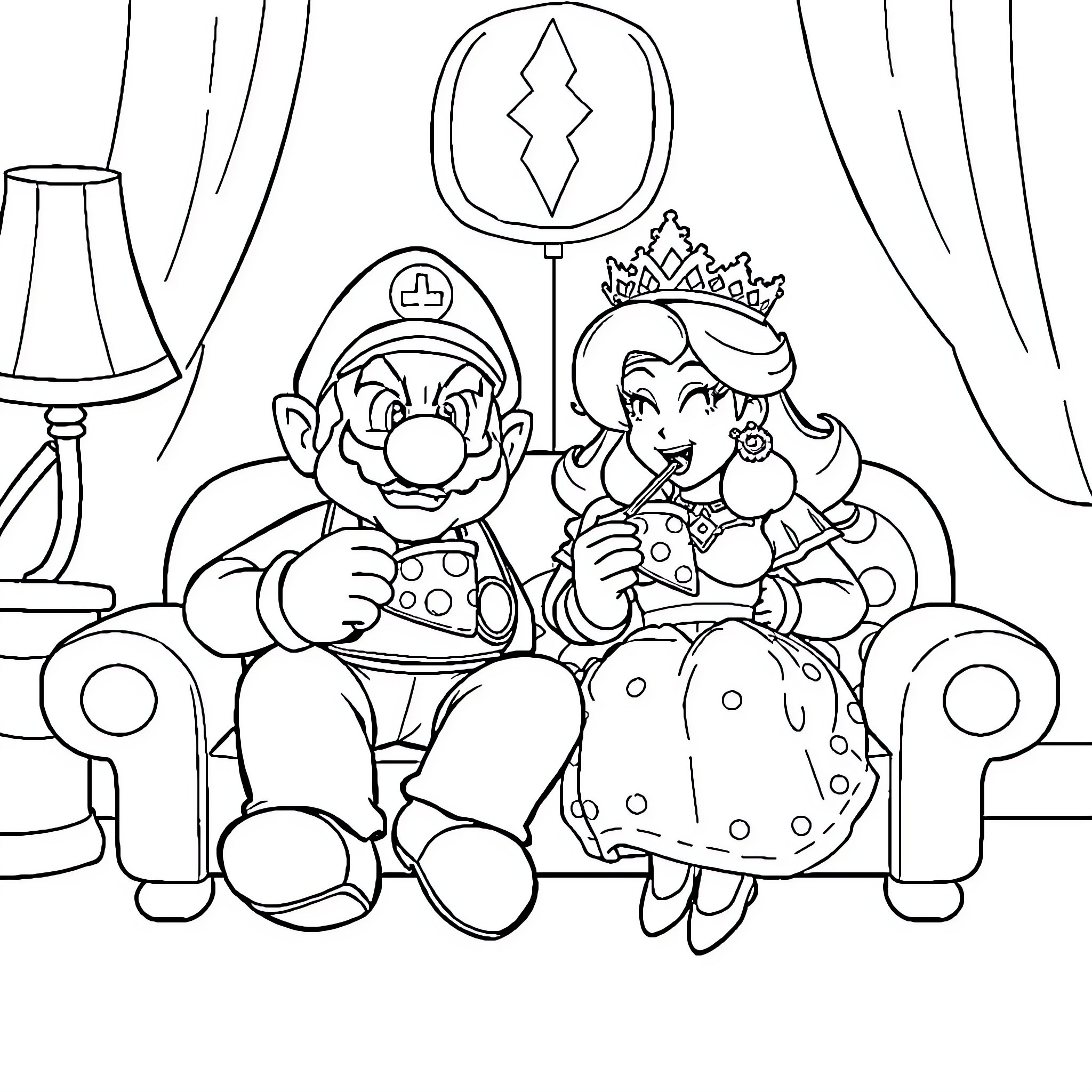Wario and princess in a royal scene Coloring Page (free black-and-white line drawing printable PDF for all, from beginners to advanced learners, including children, teens, adults, and seniors)