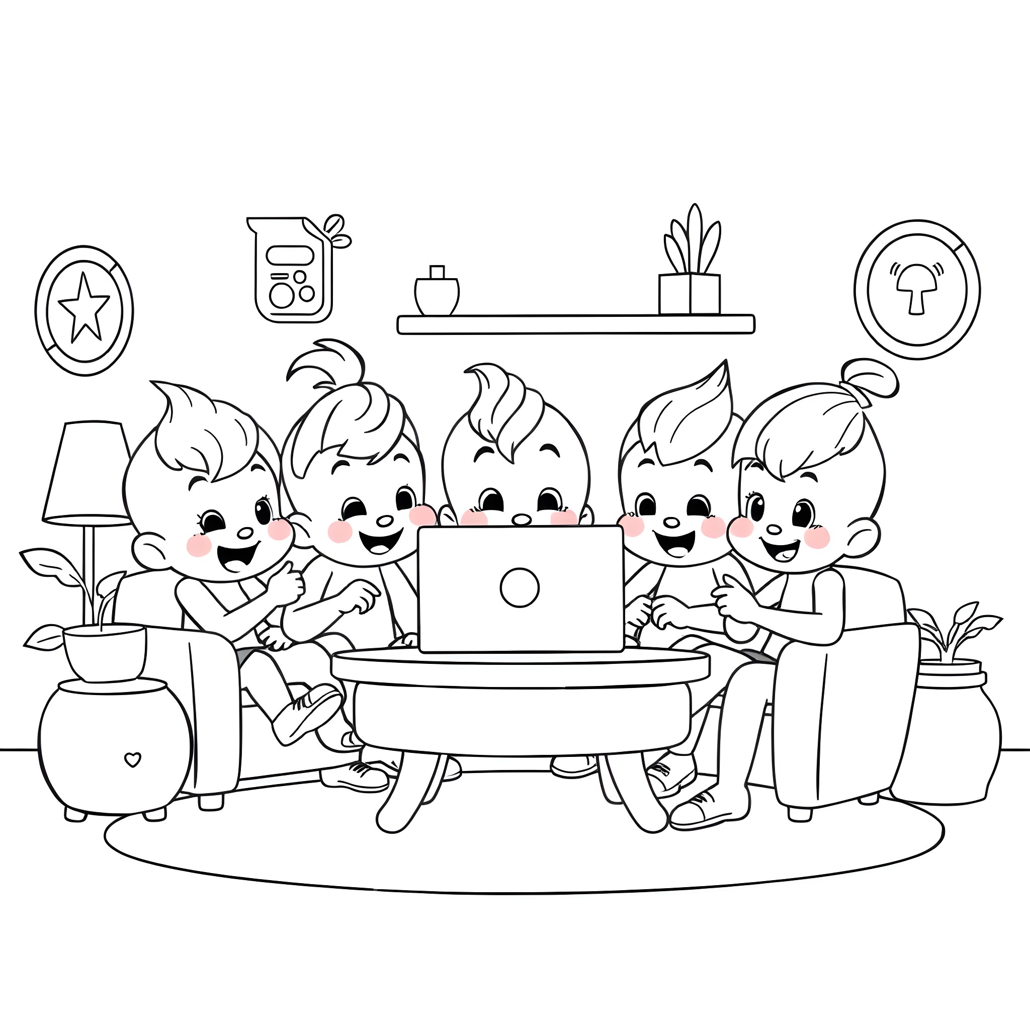 Sprunki having fun with their laptop at home Coloring Page (free black-and-white line drawing printable PDF for all, from beginners to advanced learners, including children, teens, adults, and seniors)