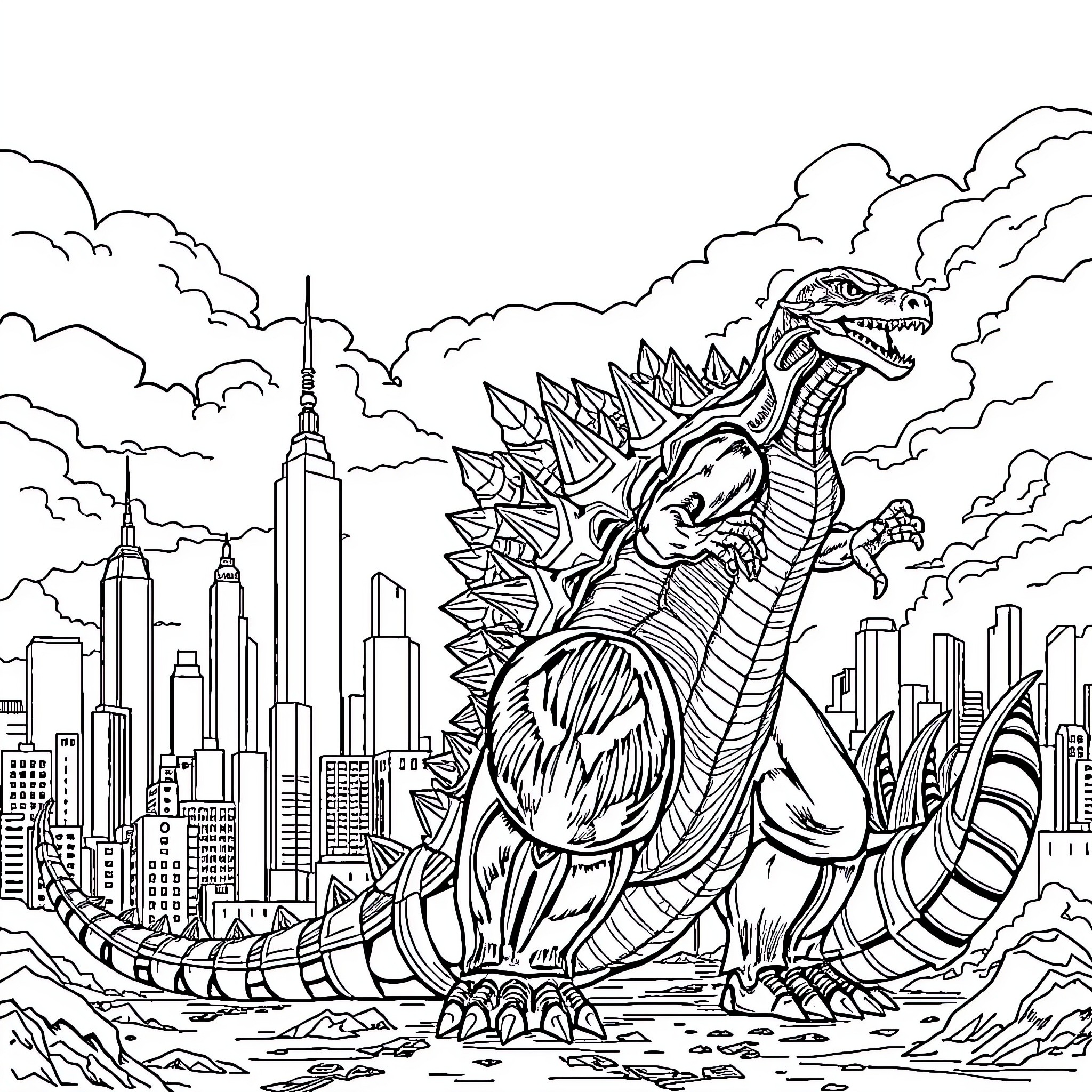 Godzilla rampaging through the city skyline Coloring Page (free black-and-white line drawing printable PDF for all, from beginners to advanced learners, including children, teens, adults, and seniors)
