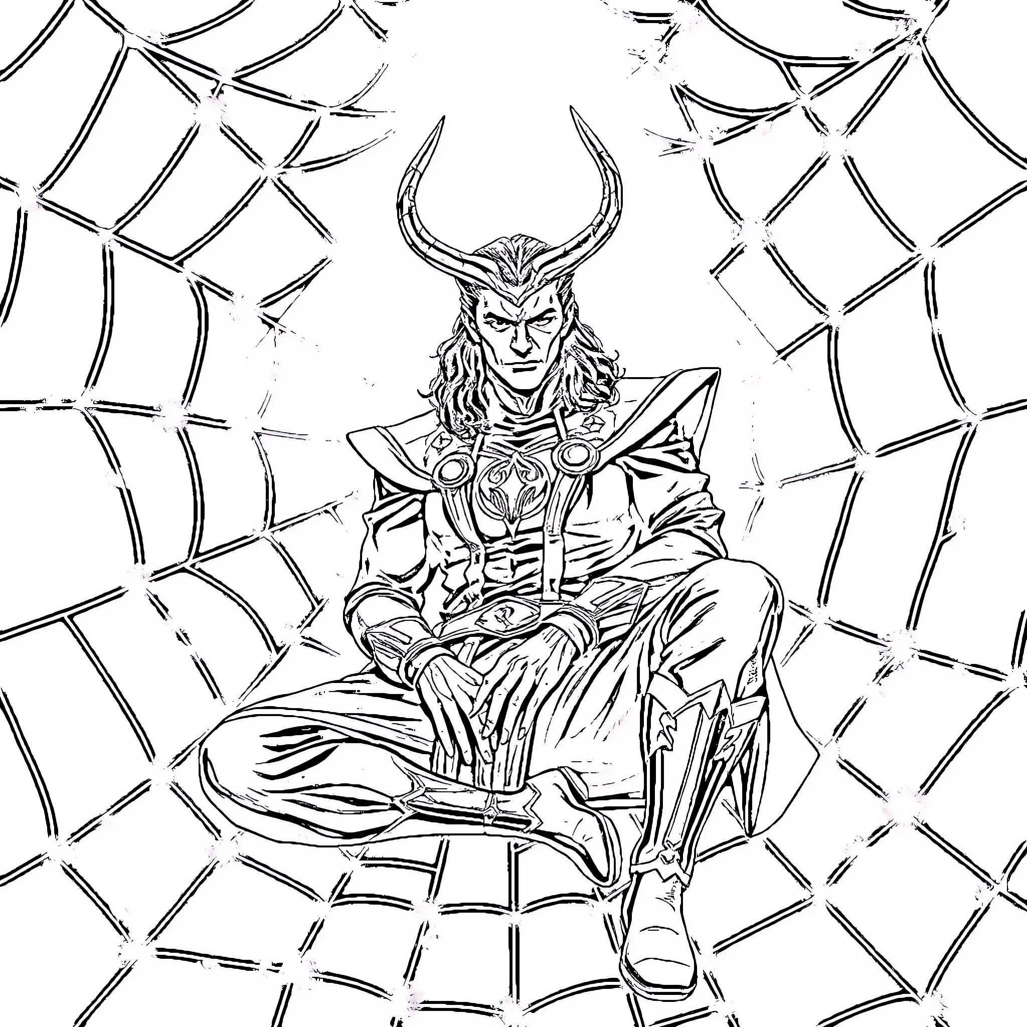 Loki in Contemplation Amid Weblike Surroundings Coloring Page (free black-and-white line drawing printable PDF for all, from beginners to advanced learners, including children, teens, adults, and seniors)