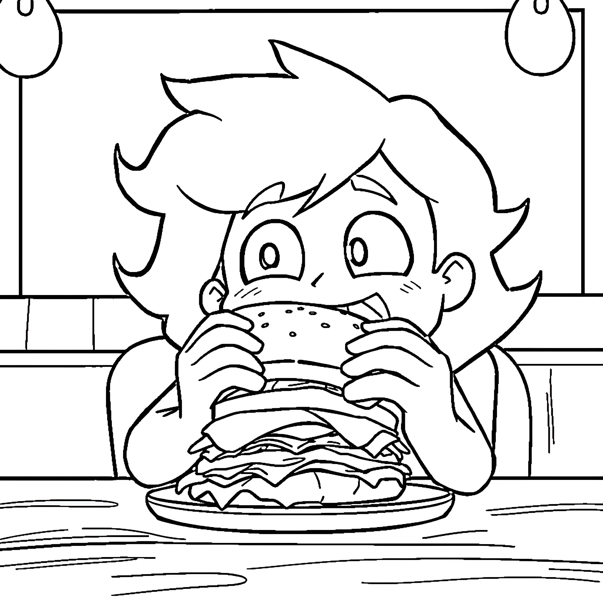 Steven Universe Enjoying a Burger with Enthusiasm Coloring Page (free black-and-white line drawing printable PDF for all, from beginners to advanced learners, including children, teens, adults, and seniors)