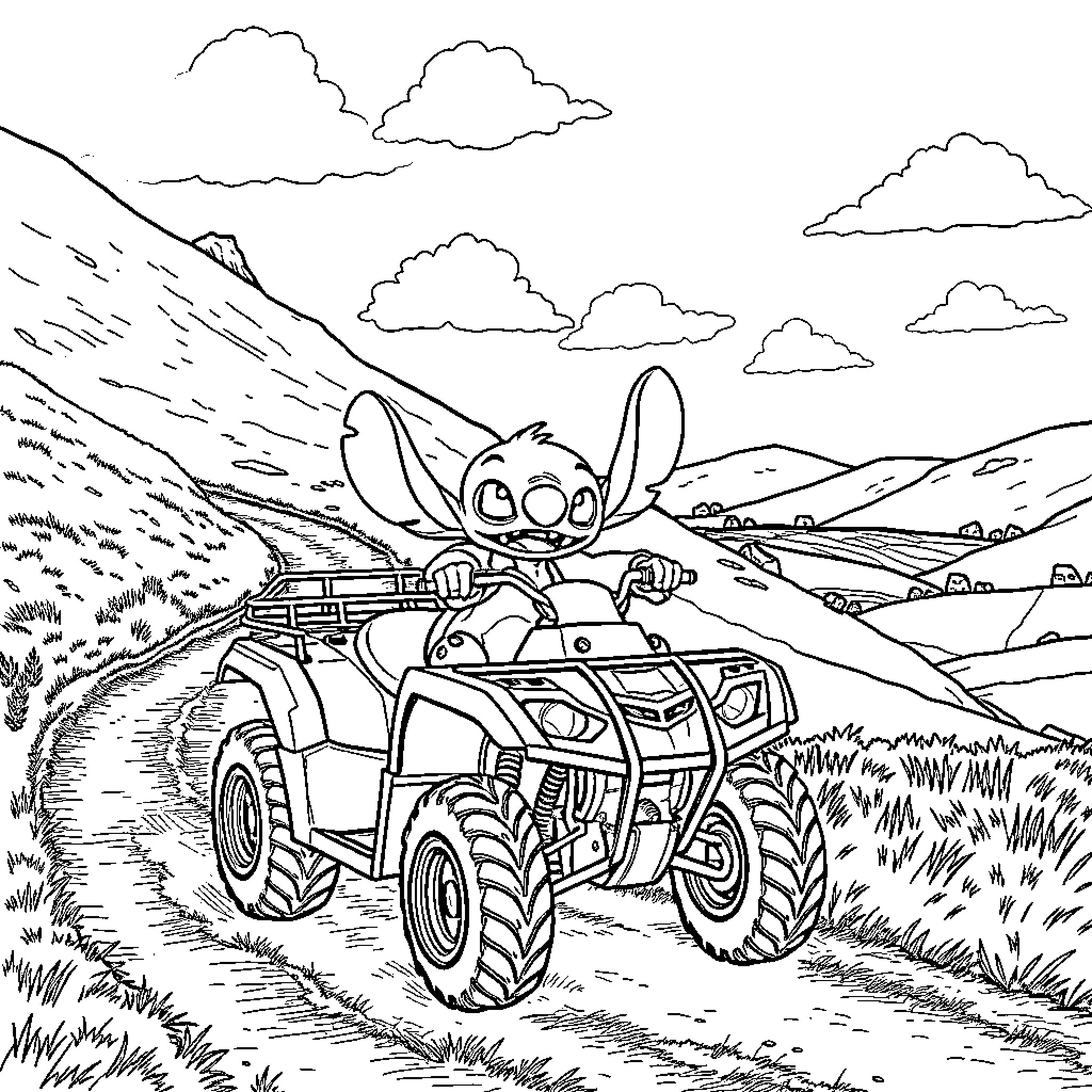 Stitch enjoying a joyride on an all-terrain vehicle Coloring Page (free black-and-white line drawing printable PDF for all, from beginners to advanced learners, including children, teens, adults, and seniors)