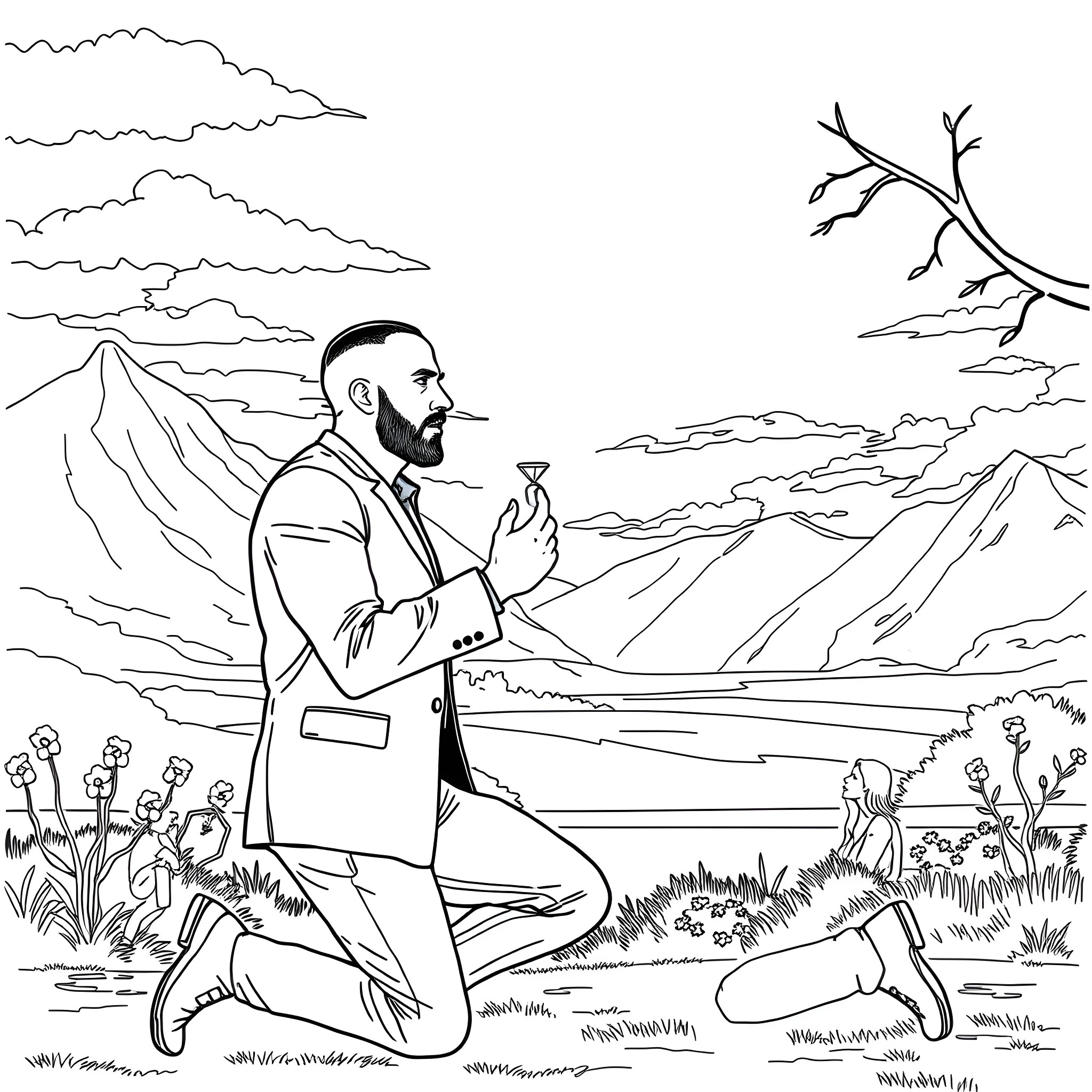Jason Statham Meditating in Picturesque Wilderness Coloring Page (free black-and-white line drawing printable PDF for all, from beginners to advanced learners, including children, teens, adults, and seniors)