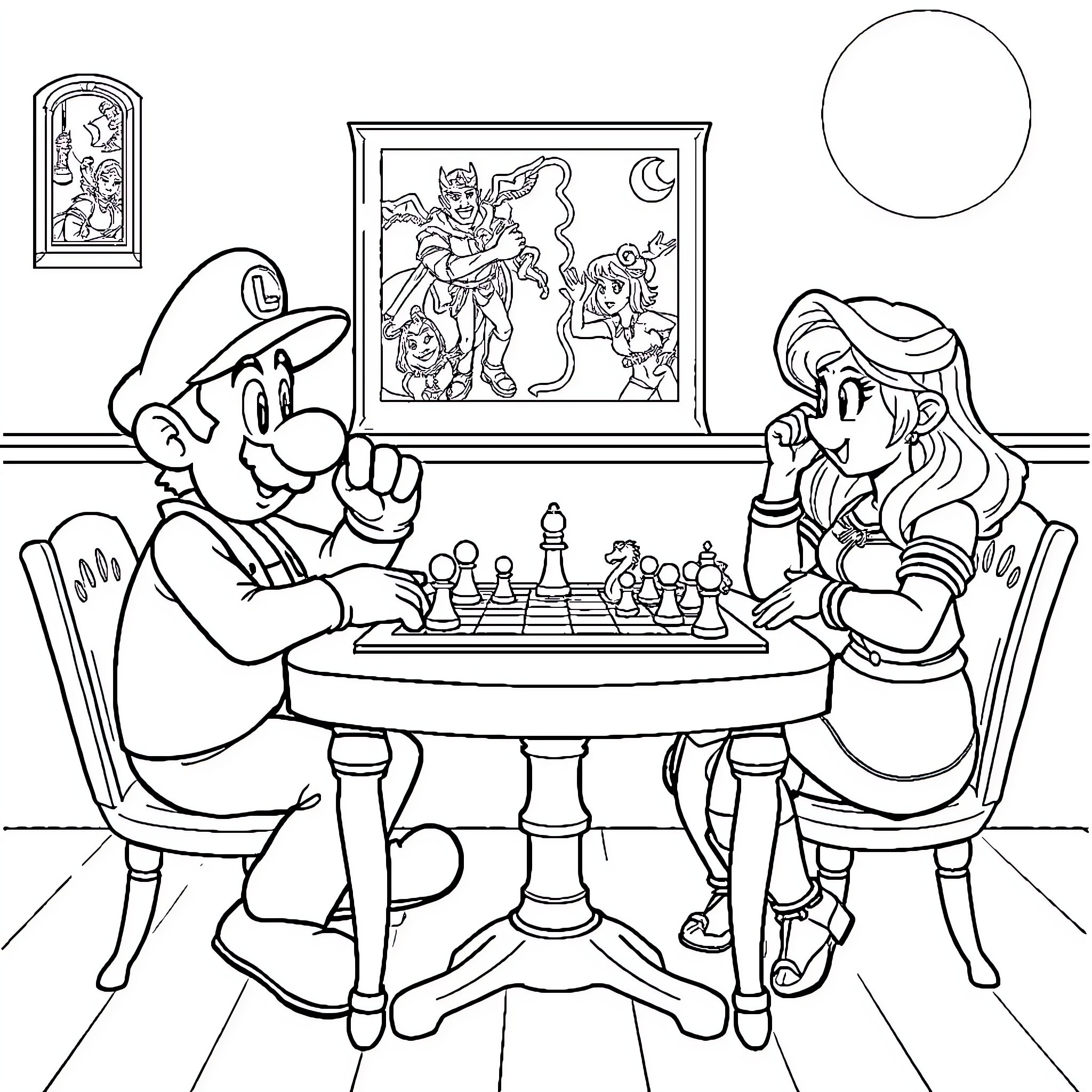 Luigi's Chess Match with a Companion Coloring Page (free black-and-white line drawing printable PDF for all, from beginners to advanced learners, including children, teens, adults, and seniors)