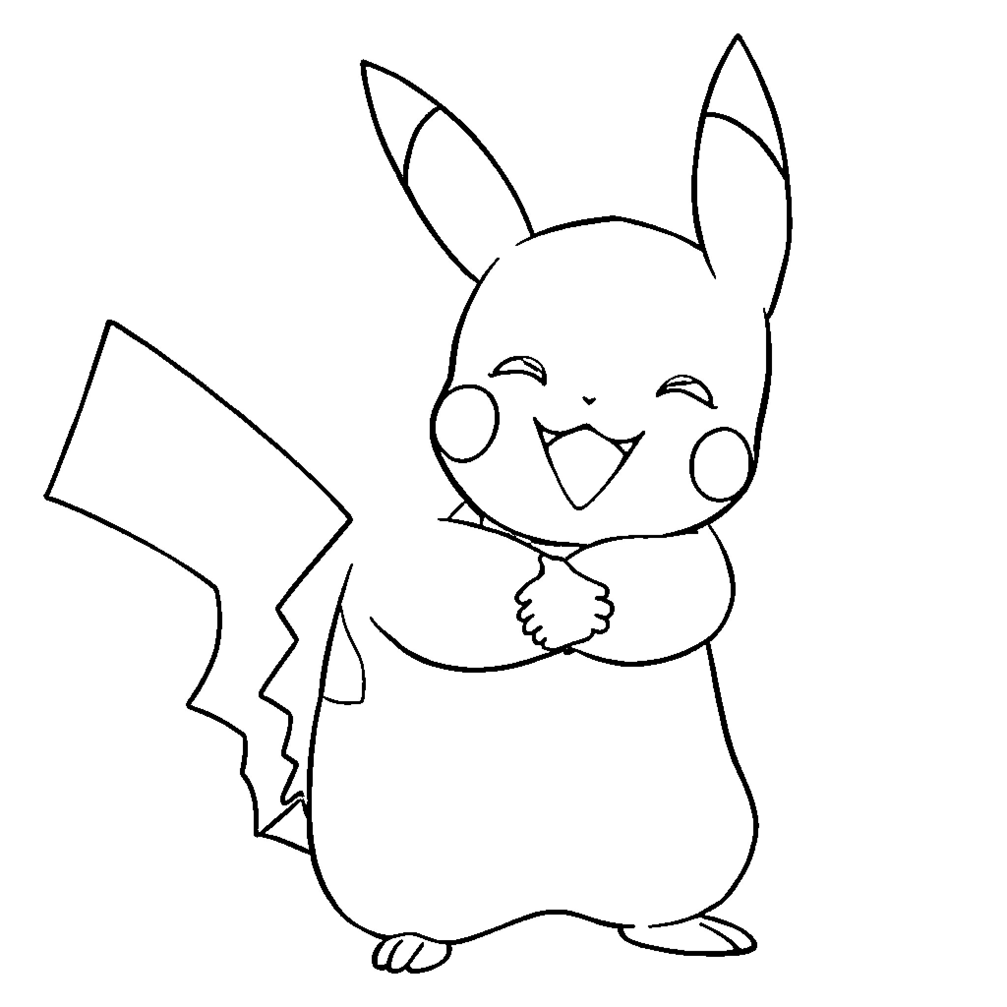 Pikachu smiling happily and waving Coloring Page (free black-and-white line drawing printable PDF for all, from beginners to advanced learners, including children, teens, adults, and seniors)