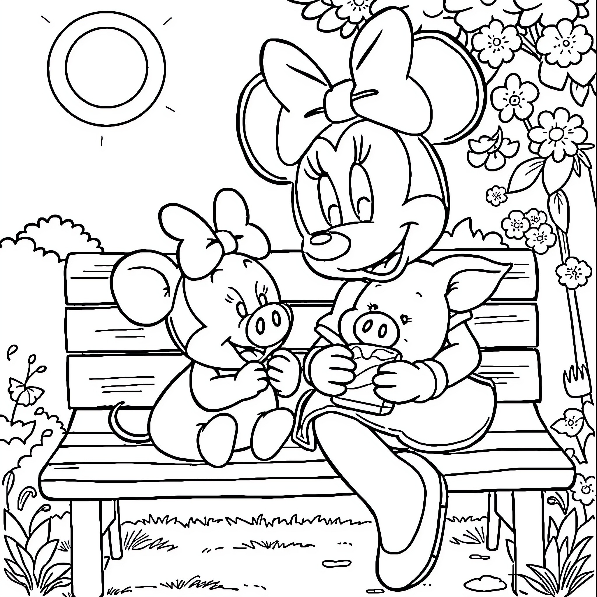 Minnie's Outdoor Adventure with Friends Coloring Page (free black-and-white line drawing printable PDF for all, from beginners to advanced learners, including children, teens, adults, and seniors)