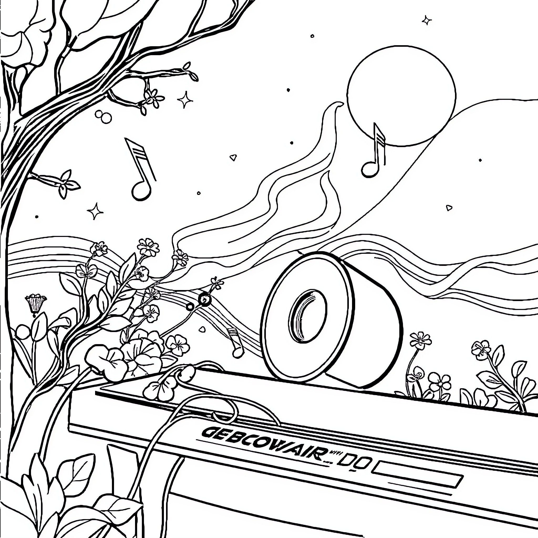 Music and Nature's Harmony Coloring Page (free black-and-white line drawing printable PDF for all, from beginners to advanced learners, including children, teens, adults, and seniors)