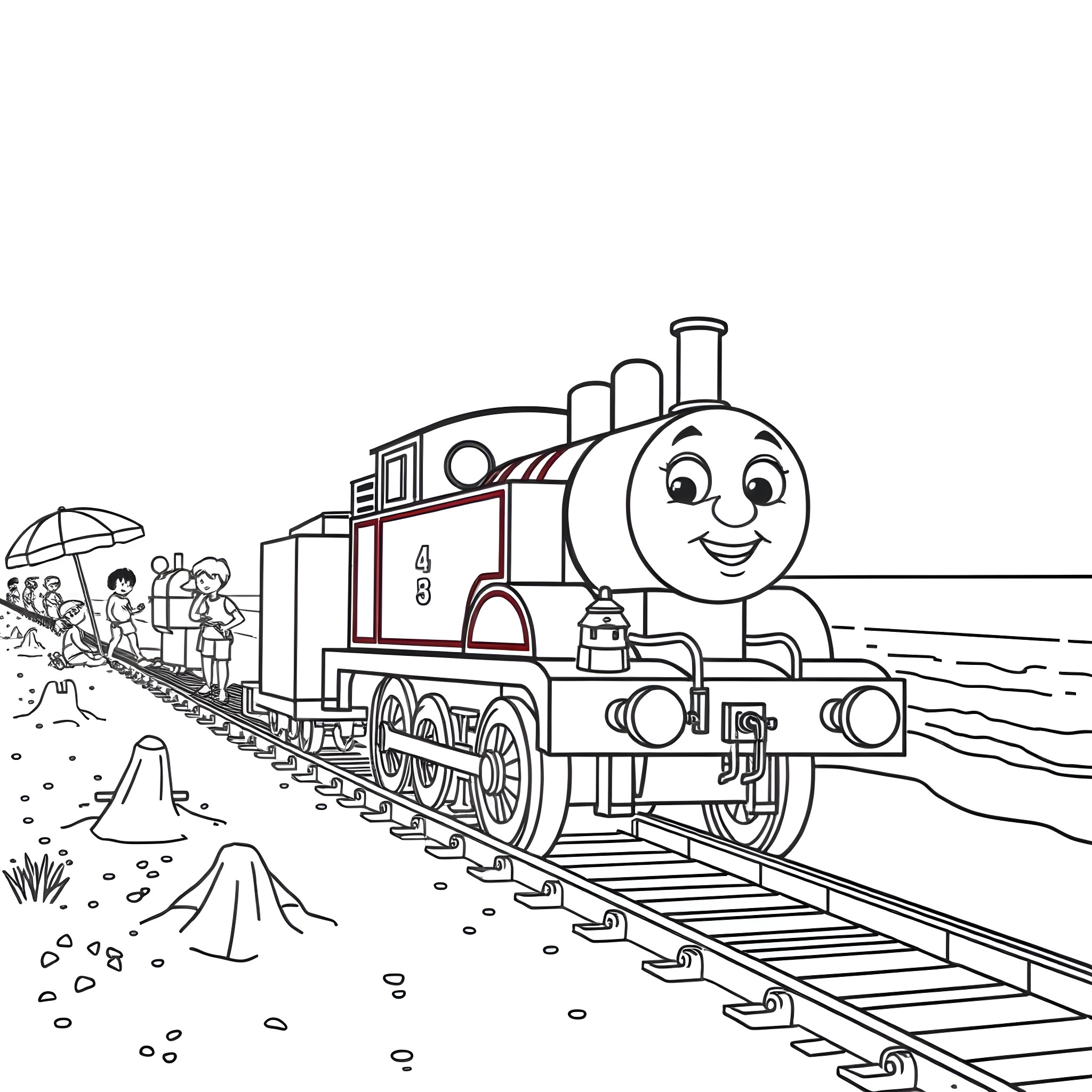 Thomas the Train Cheerfully Transporting Passengers Coloring Page (free black-and-white line drawing printable PDF for all, from beginners to advanced learners, including children, teens, adults, and seniors)
