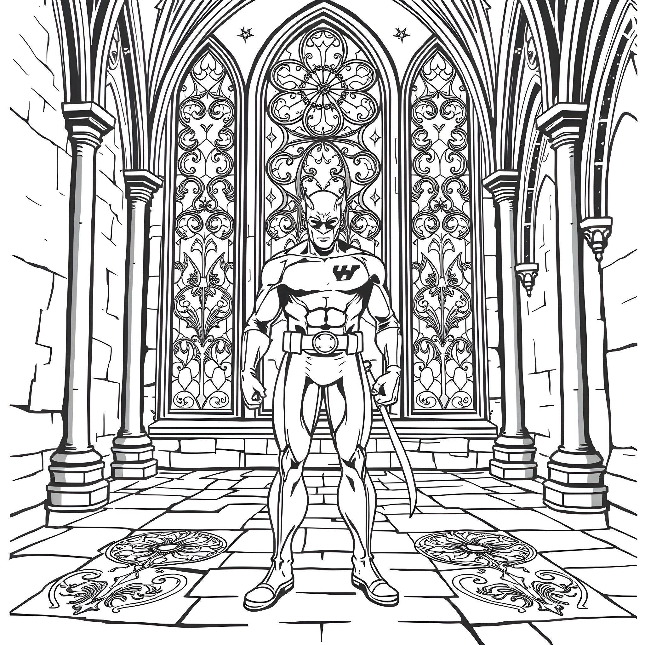Daredevil in a Majestic Gothic Cathedral Coloring Page (free black-and-white line drawing printable PDF for all, from beginners to advanced learners, including children, teens, adults, and seniors)
