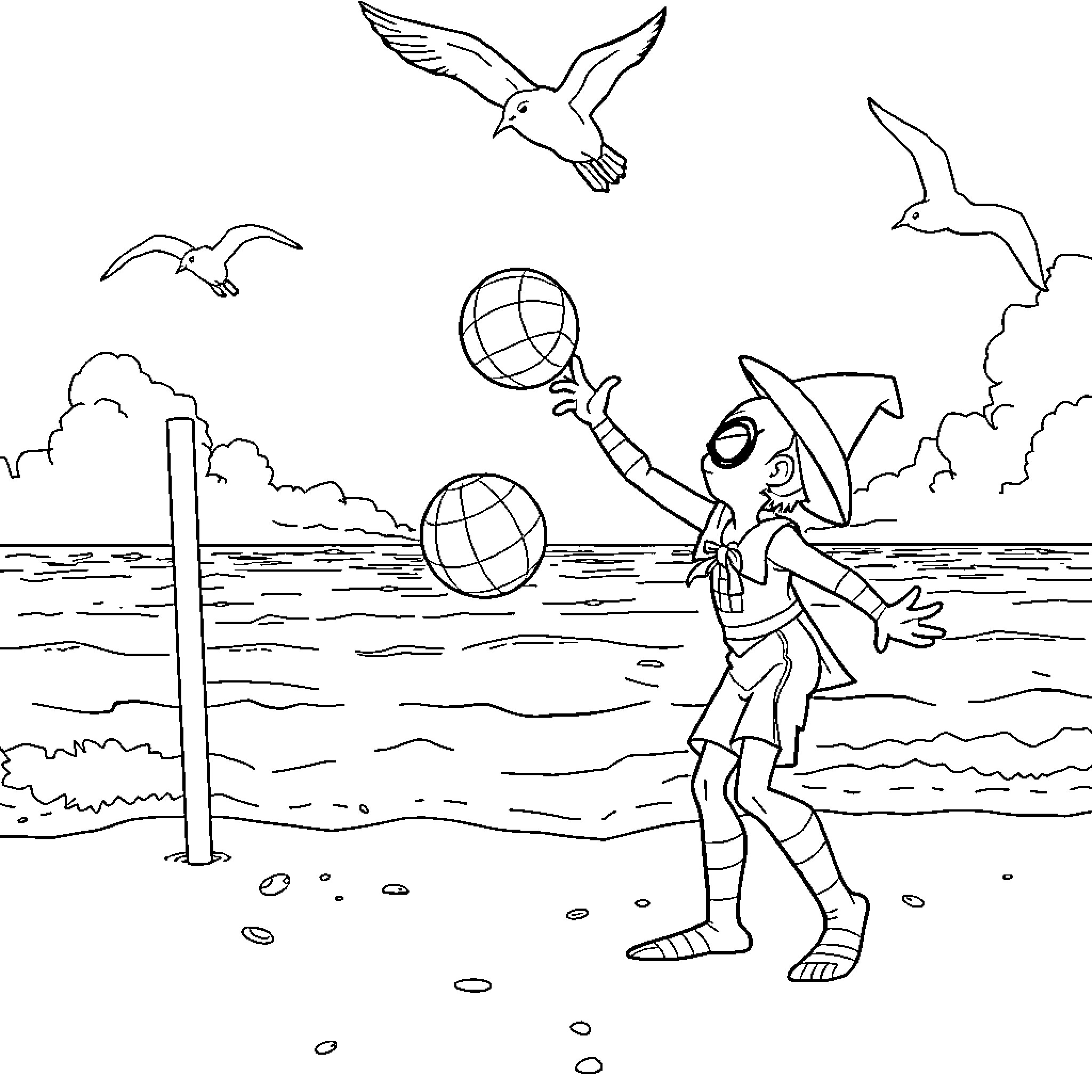 Spiderman playing beach volleyball with seagulls in the sky Coloring Page (free black-and-white line drawing printable PDF for all, from beginners to advanced learners, including children, teens, adults, and seniors)