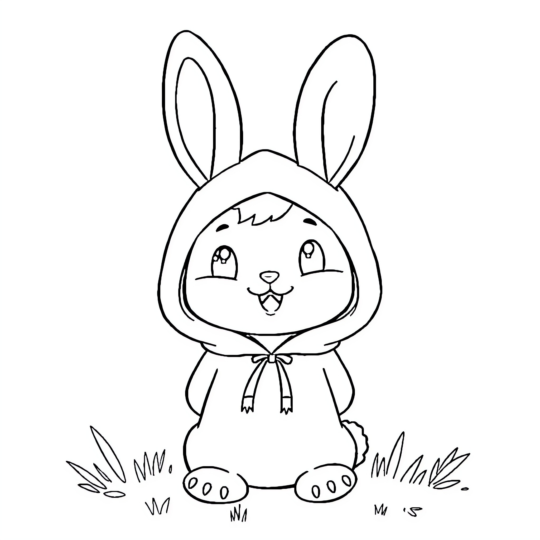 My Melody - Cute Rabbit Sitting in Grass Coloring Page (free black-and-white line drawing printable PDF for all, from beginners to advanced learners, including children, teens, adults, and seniors)