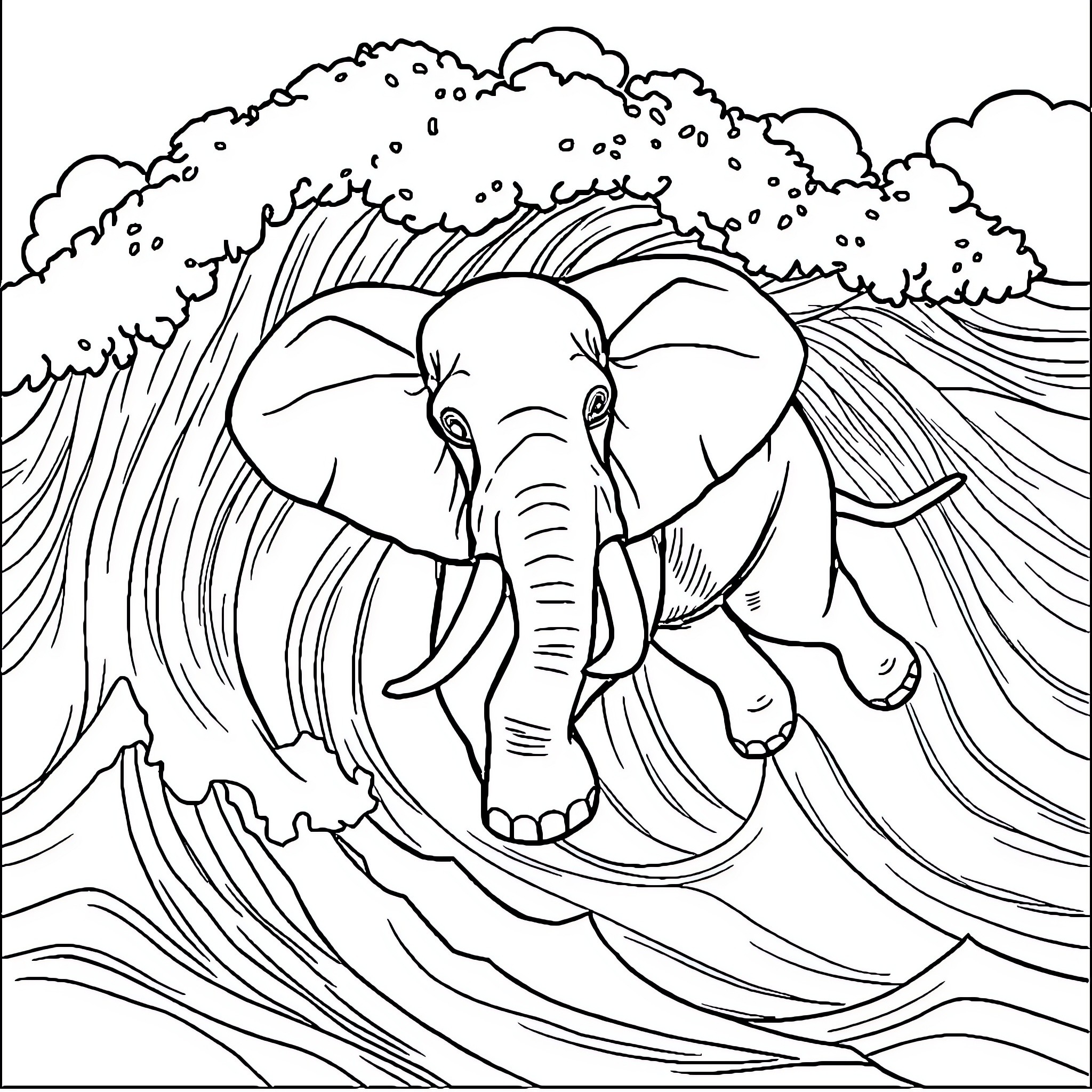 Elephant Charging Through Stormy Waves Coloring Page (free black-and-white line drawing printable PDF for all, from beginners to advanced learners, including children, teens, adults, and seniors)