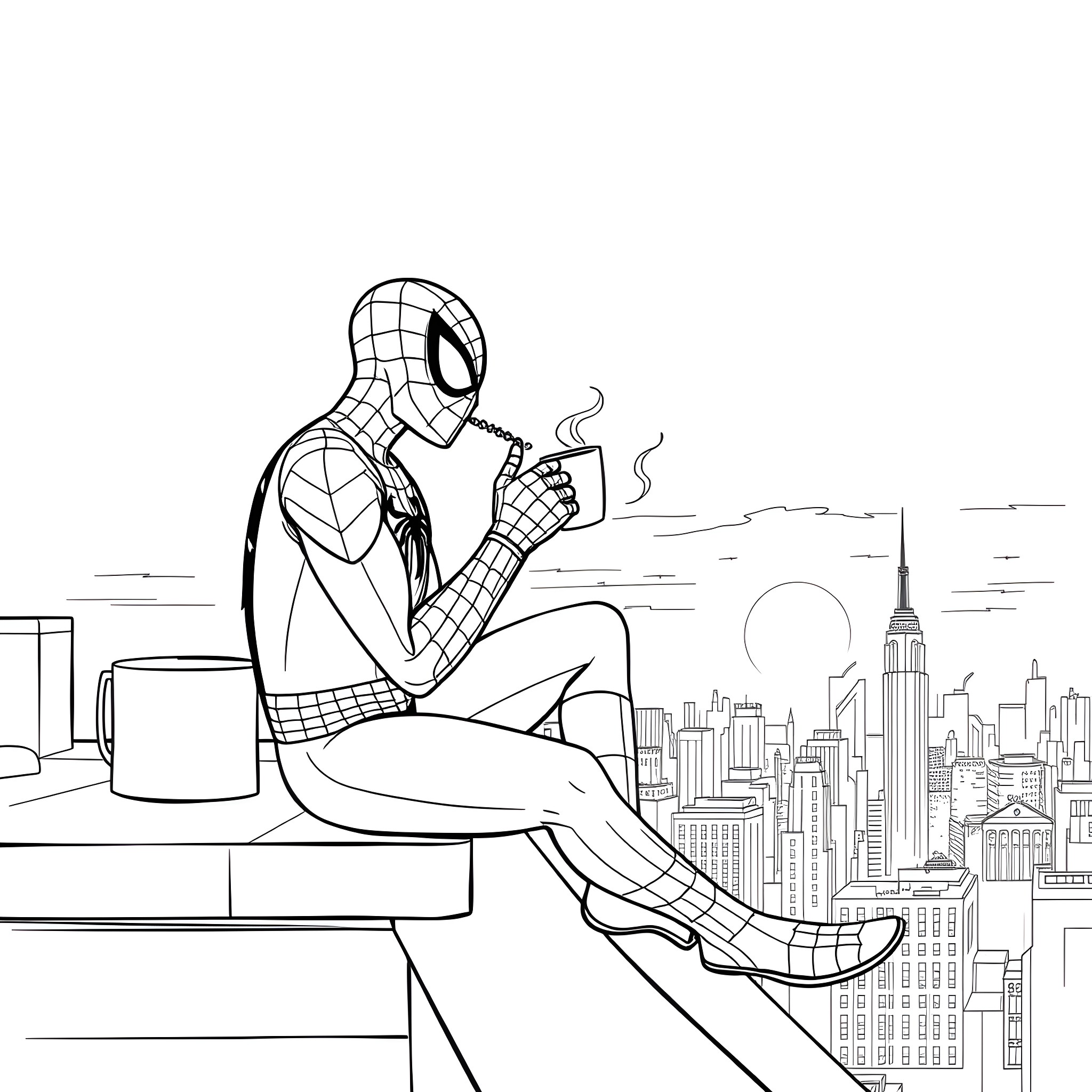 Spider-Man takes a break, sipping a hot drink in the city Coloring Page (free black-and-white line drawing printable PDF for all, from beginners to advanced learners, including children, teens, adults, and seniors)