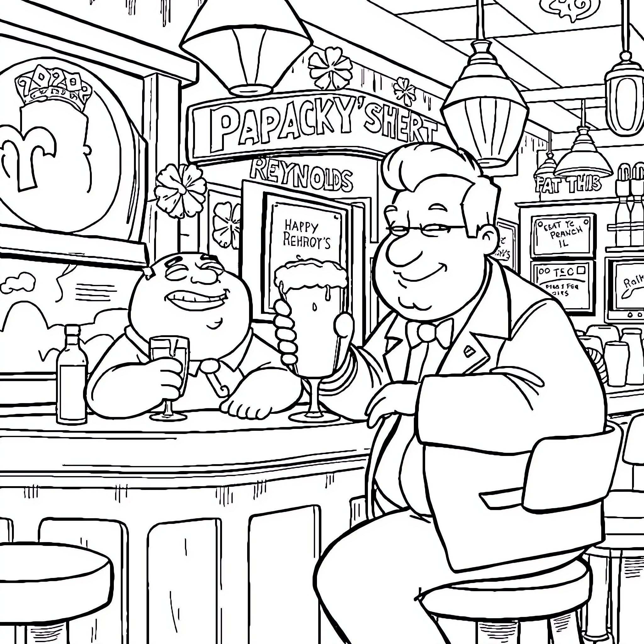 Peter Griffin and Friends Enjoying Irish Pub Atmosphere Coloring Page (free black-and-white line drawing printable PDF for all, from beginners to advanced learners, including children, teens, adults, and seniors)
