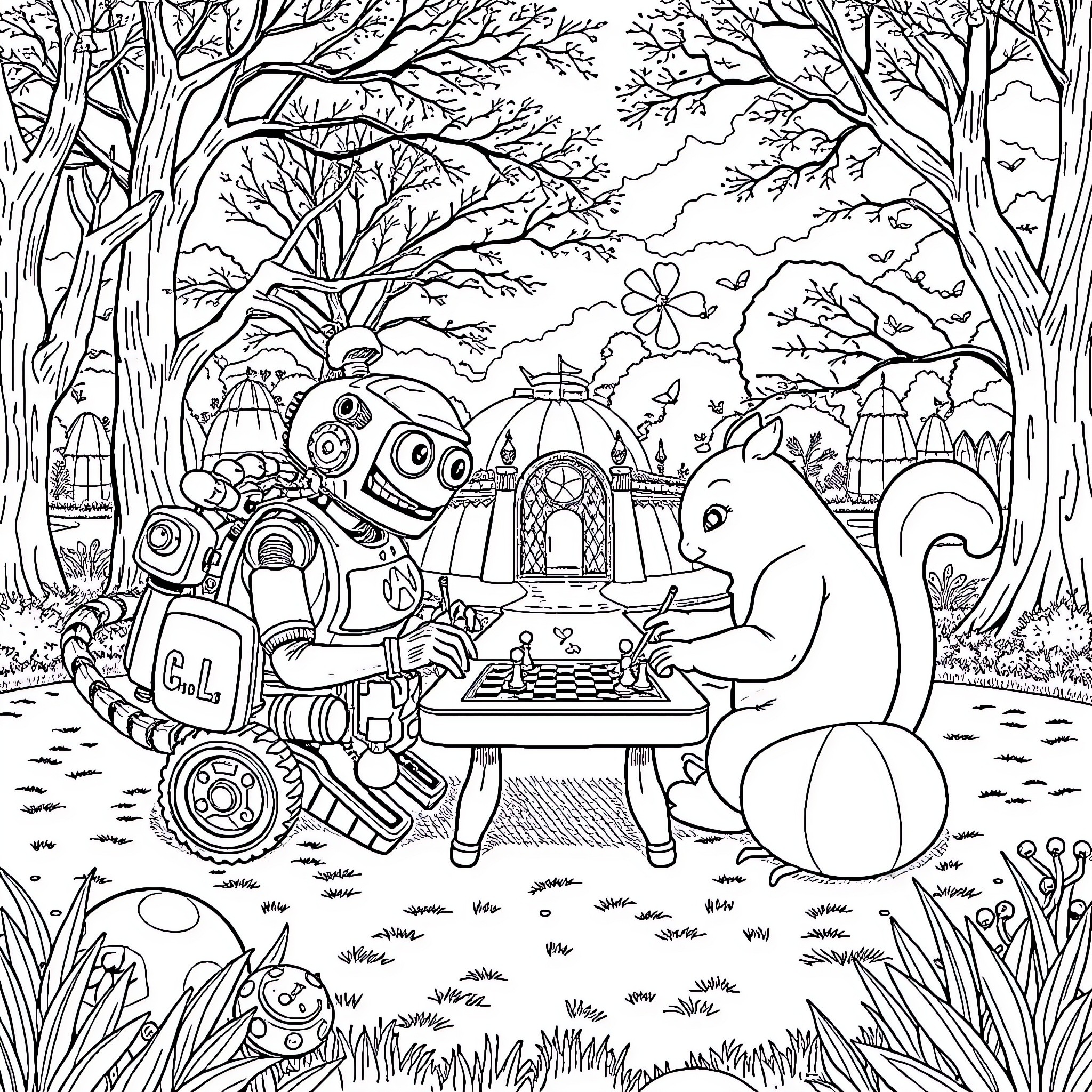 Goblin friends playing chess in a whimsical forest Coloring Page (free black-and-white line drawing printable PDF for all, from beginners to advanced learners, including children, teens, adults, and seniors)