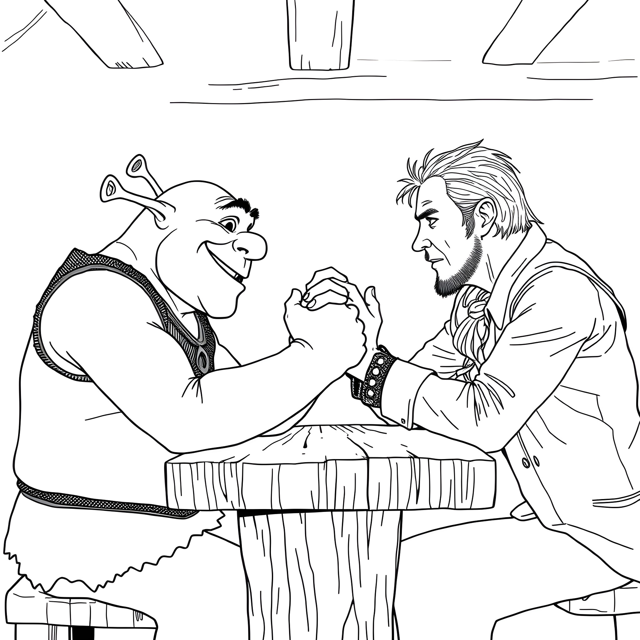 Shrek and a mysterious character arm wrestling Coloring Page (free black-and-white line drawing printable PDF for all, from beginners to advanced learners, including children, teens, adults, and seniors)