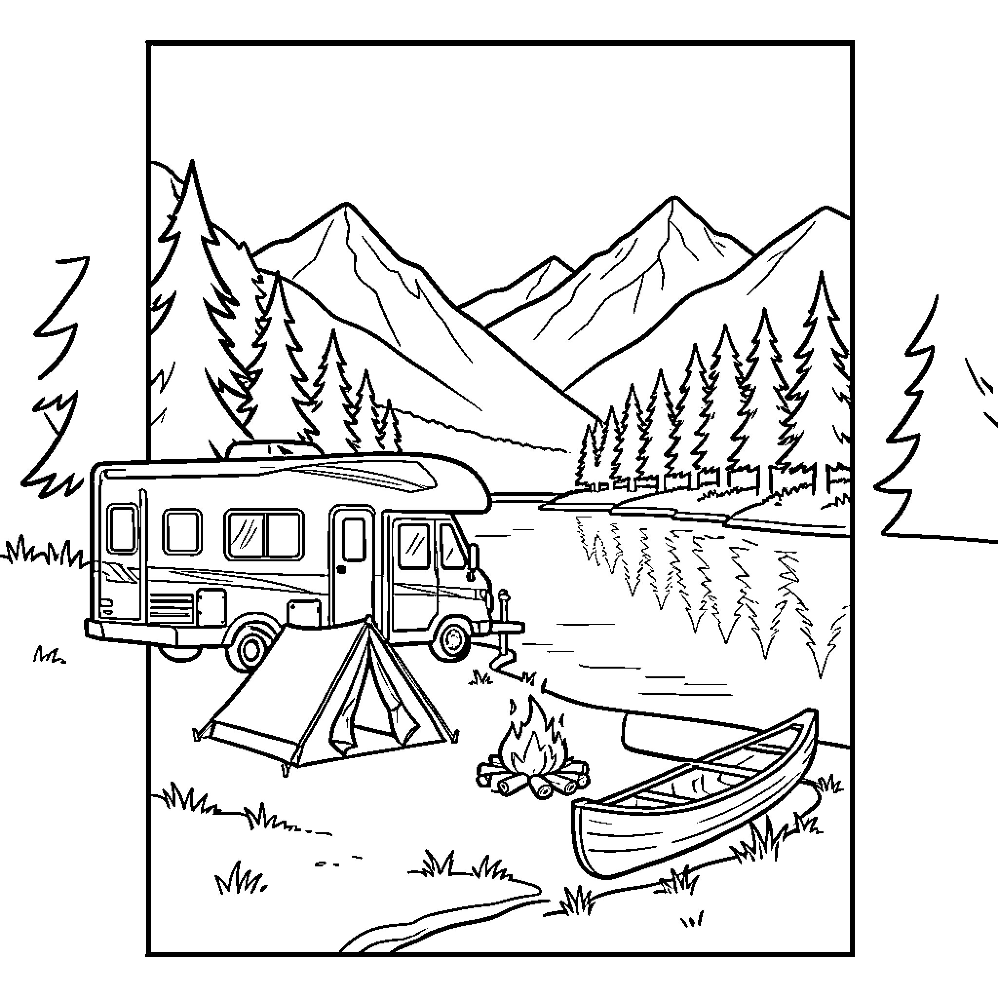 Camping by a lake with an RV and tent Coloring Page (free black-and-white line drawing printable PDF for all, from beginners to advanced learners, including children, teens, adults, and seniors)