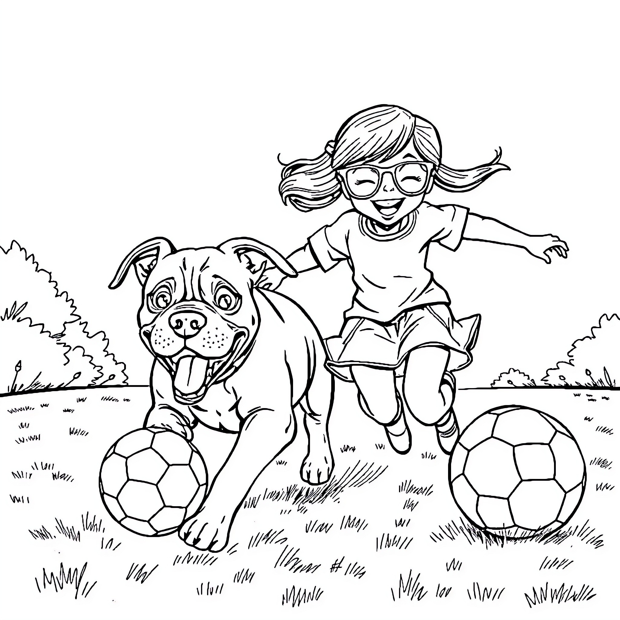 Pitbull and girl playing soccer in the park Coloring Page (free black-and-white line drawing printable PDF for all, from beginners to advanced learners, including children, teens, adults, and seniors)