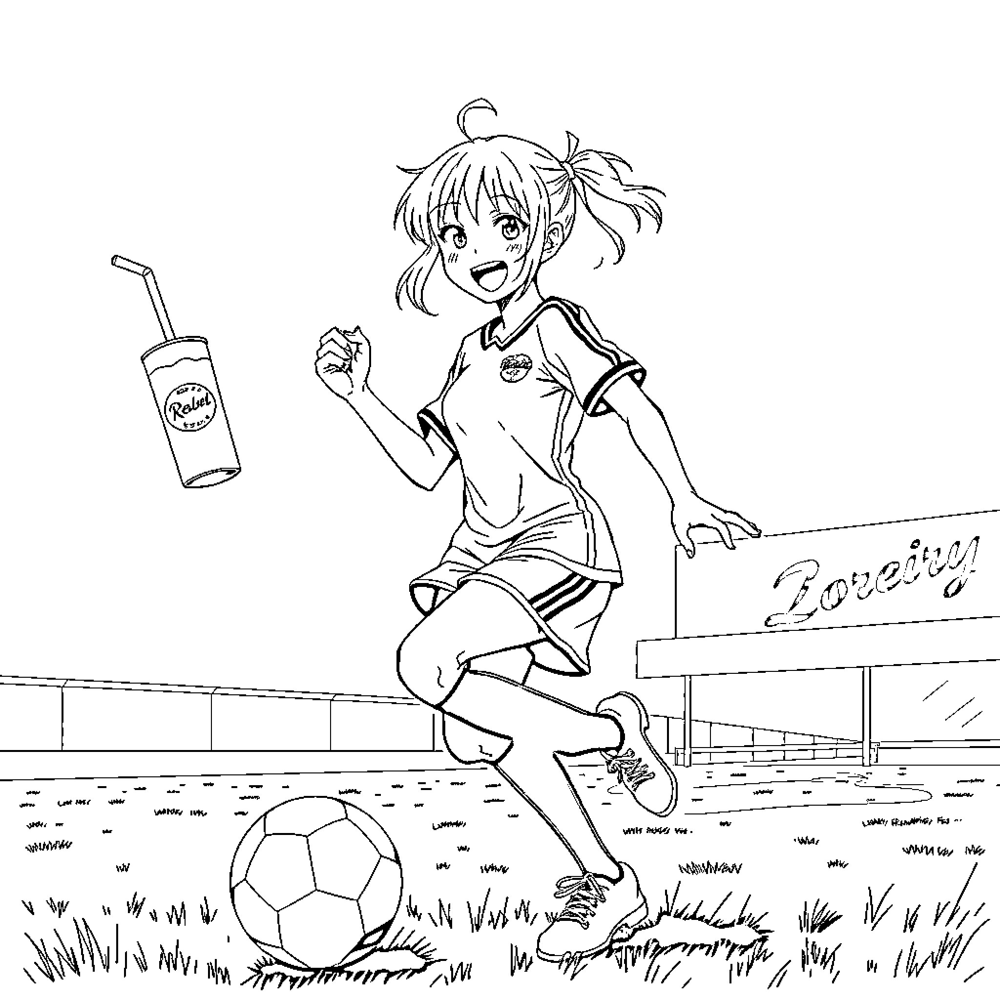 Anime Girl playing football excitedly on the field Coloring Page (free black-and-white line drawing printable PDF for all, from beginners to advanced learners, including children, teens, adults, and seniors)
