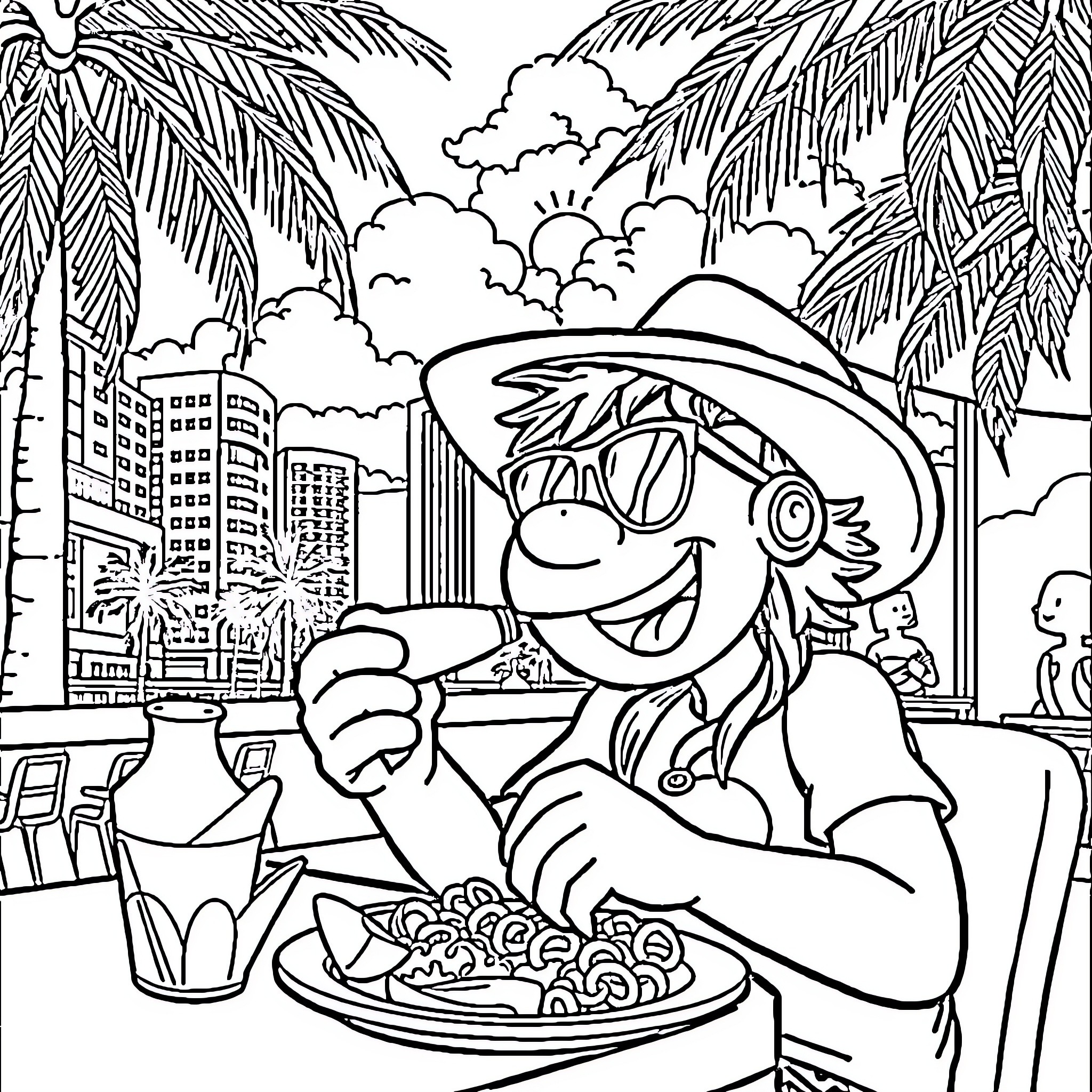 Hattum enjoying a tropical meal in the city Coloring Page (free black-and-white line drawing printable PDF for all, from beginners to advanced learners, including children, teens, adults, and seniors)