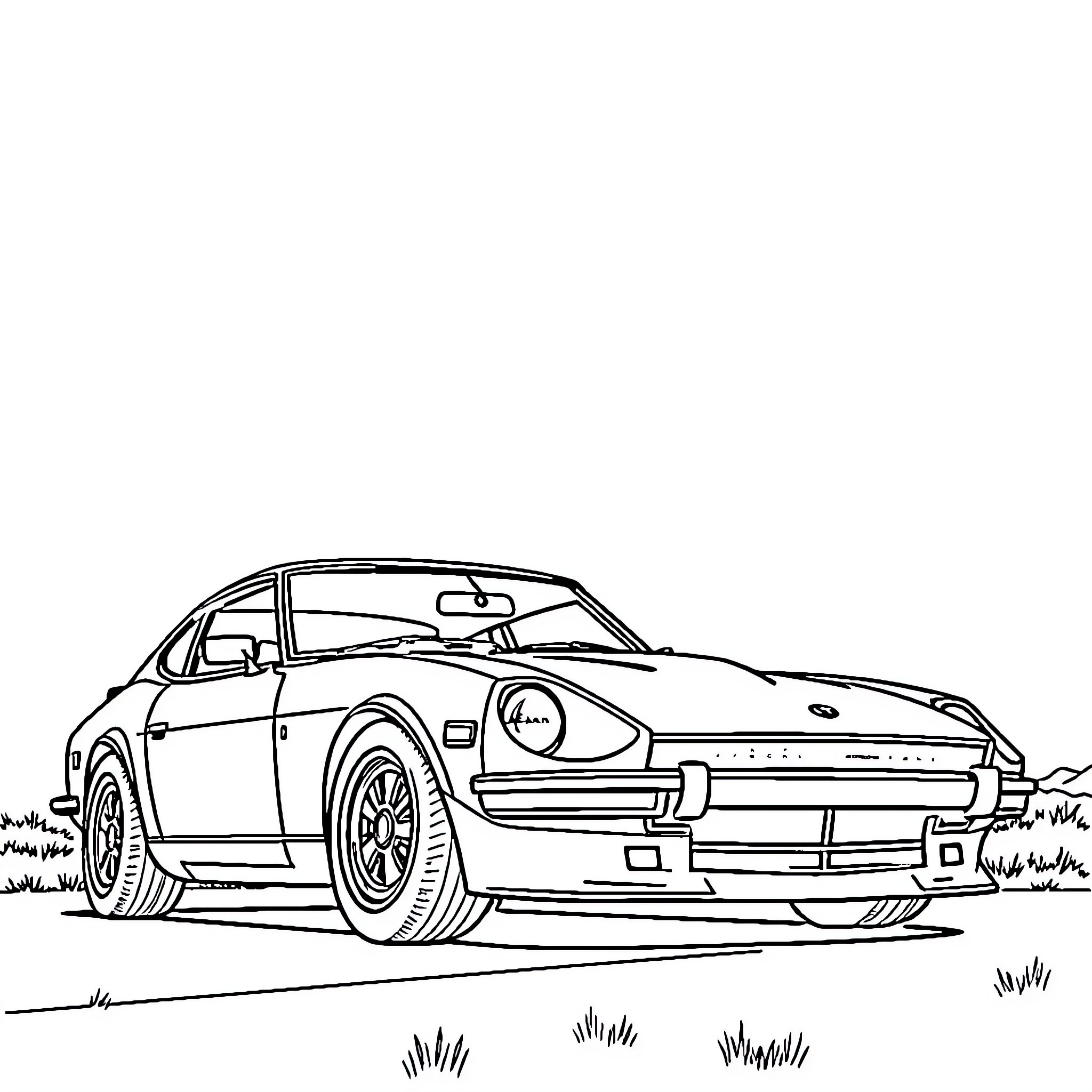 Nissan 240z racing on a scenic road Coloring Page (free black-and-white line drawing printable PDF for all, from beginners to advanced learners, including children, teens, adults, and seniors)