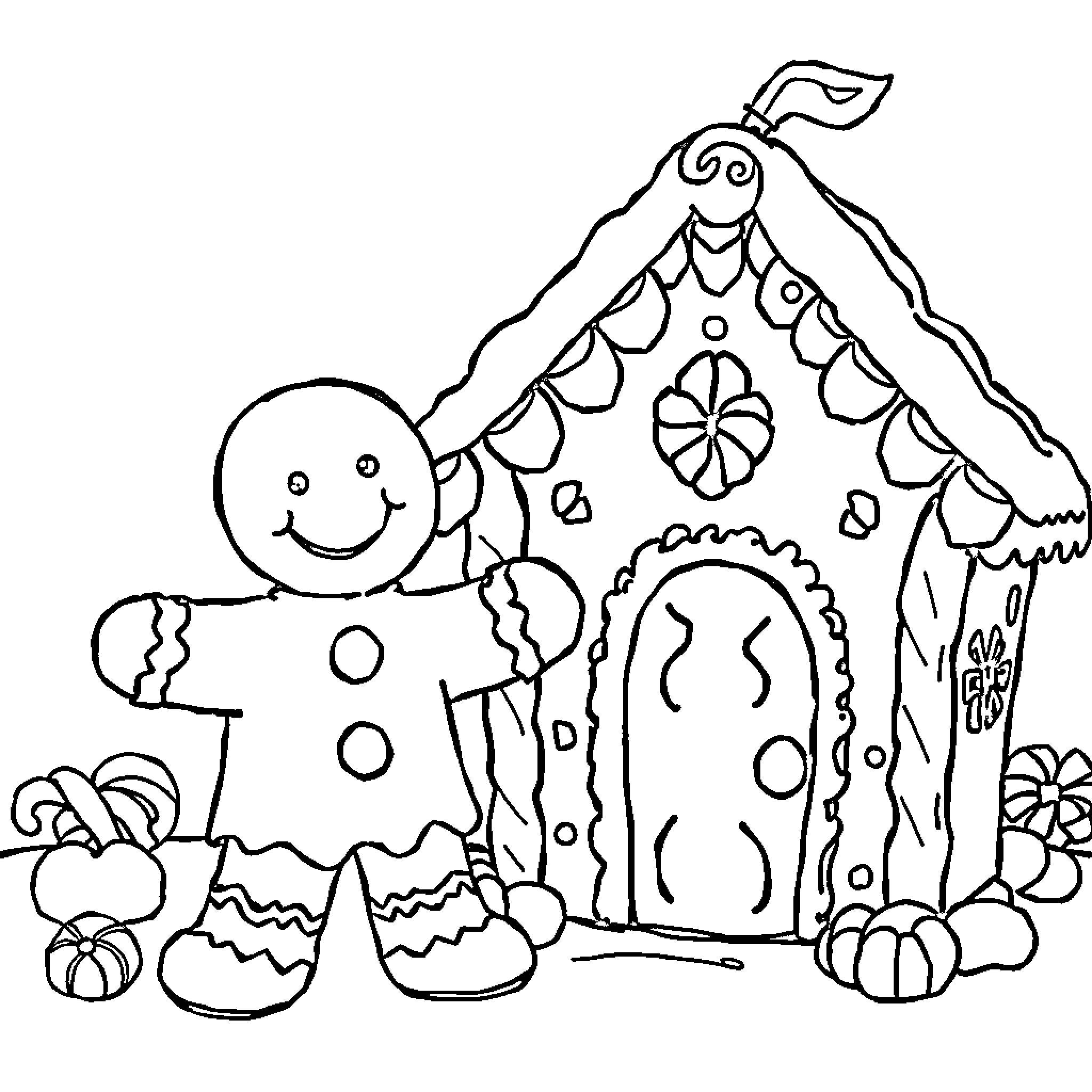 Gingerbread characters exploring a whimsical holiday scene Coloring Page (free black-and-white line drawing printable PDF for all, from beginners to advanced learners, including children, teens, adults, and seniors)