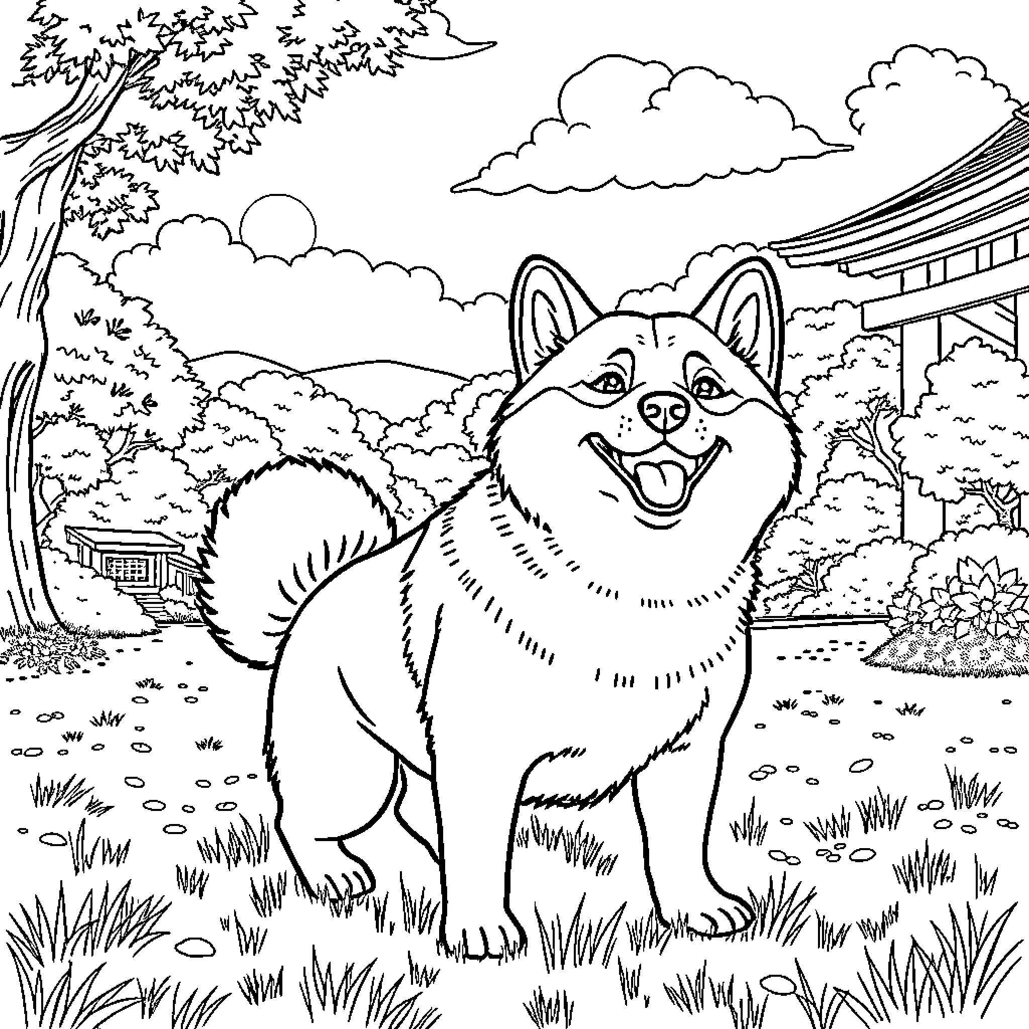 Shiba Inu playing joyfully in a serene landscape Coloring Page (free black-and-white line drawing printable PDF for all, from beginners to advanced learners, including children, teens, adults, and seniors)