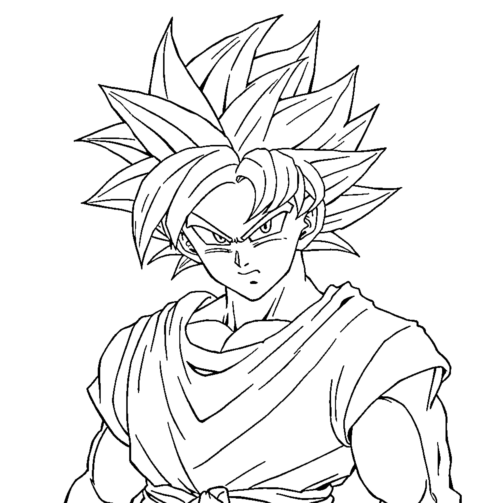 Son Goku in intense battle stance Coloring Page (free black-and-white line drawing printable PDF for all, from beginners to advanced learners, including children, teens, adults, and seniors)