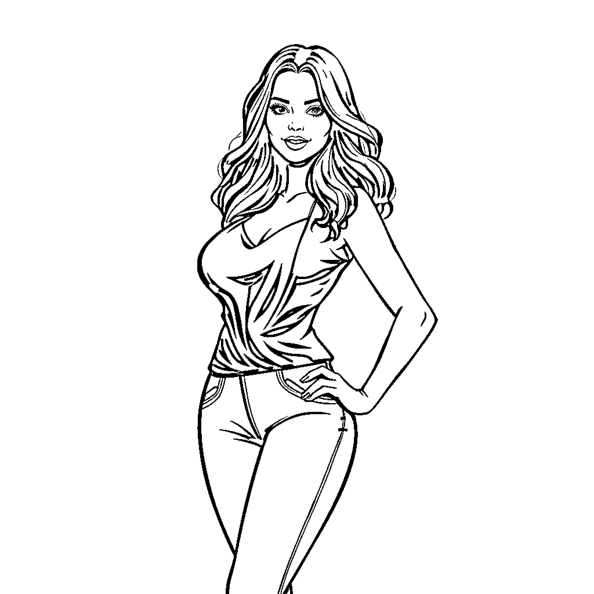 Woman posing confidently in stylish outfit Coloring Page (free black-and-white line drawing printable PDF for all, from beginners to advanced learners, including children, teens, adults, and seniors)