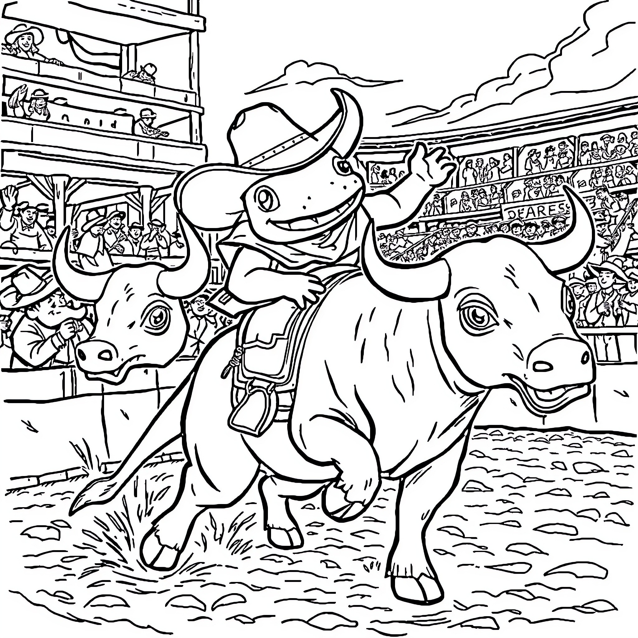 Axolotl riding a bull in a lively rodeo scene Coloring Page (free black-and-white line drawing printable PDF for all, from beginners to advanced learners, including children, teens, adults, and seniors)