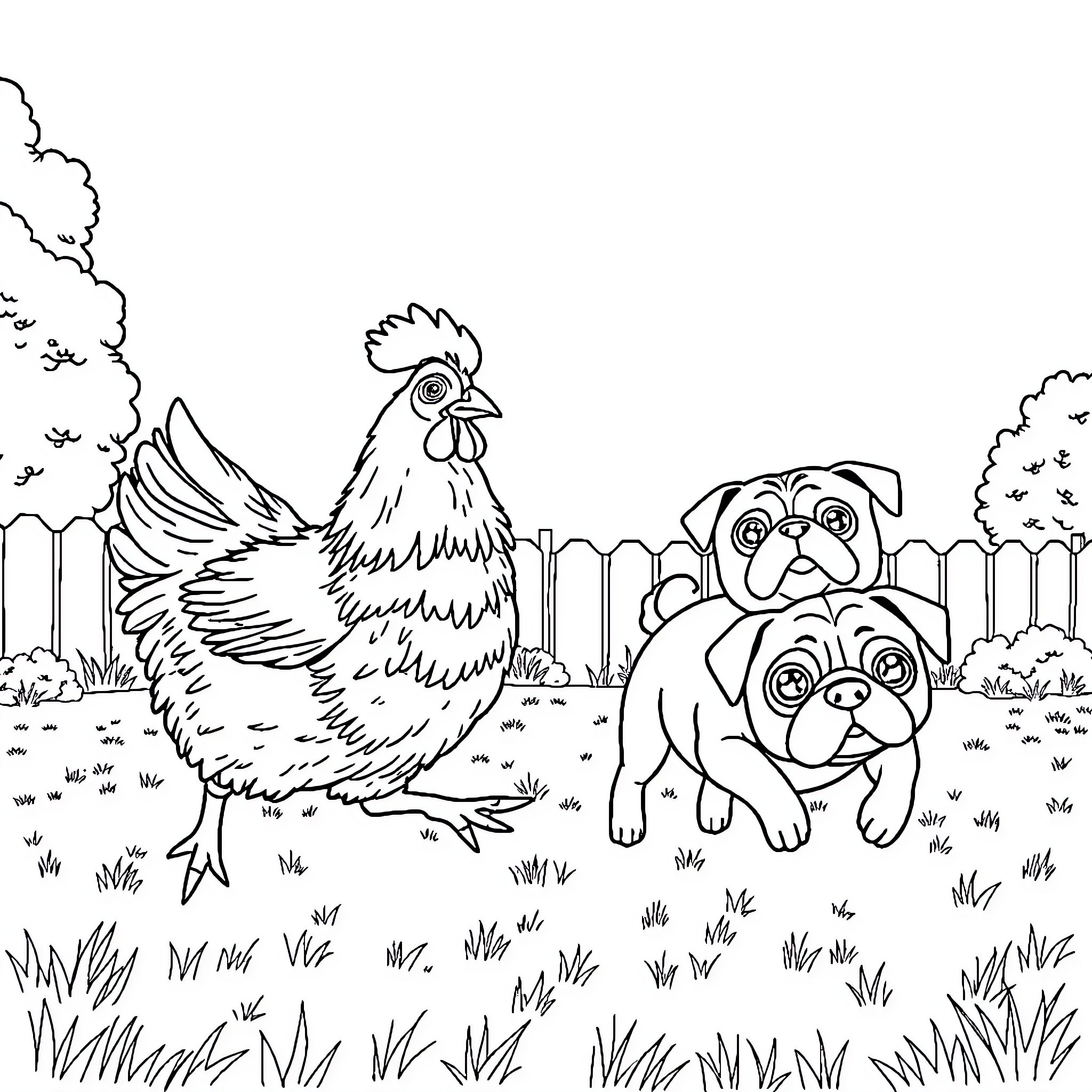 Chicken and dogs exploring the farmyard Coloring Page (free black-and-white line drawing printable PDF for all, from beginners to advanced learners, including children, teens, adults, and seniors)