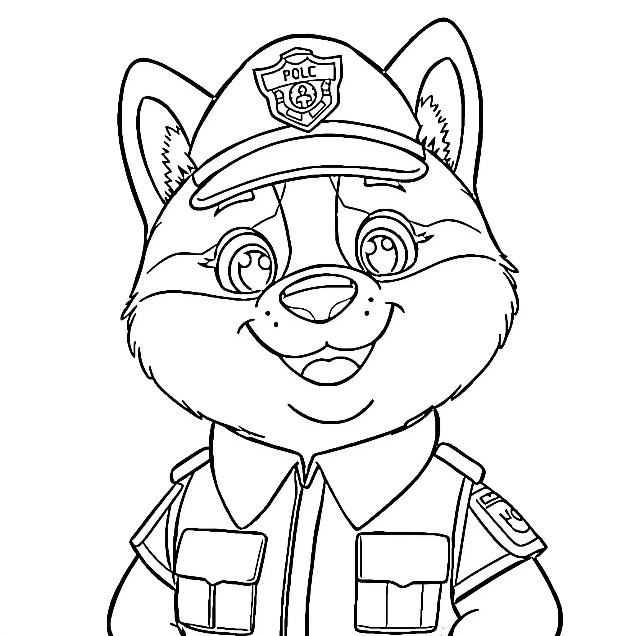 Police Officer Dog in Uniform Smiling Coloring Page (free black-and-white line drawing printable PDF for all, from beginners to advanced learners, including children, teens, adults, and seniors)