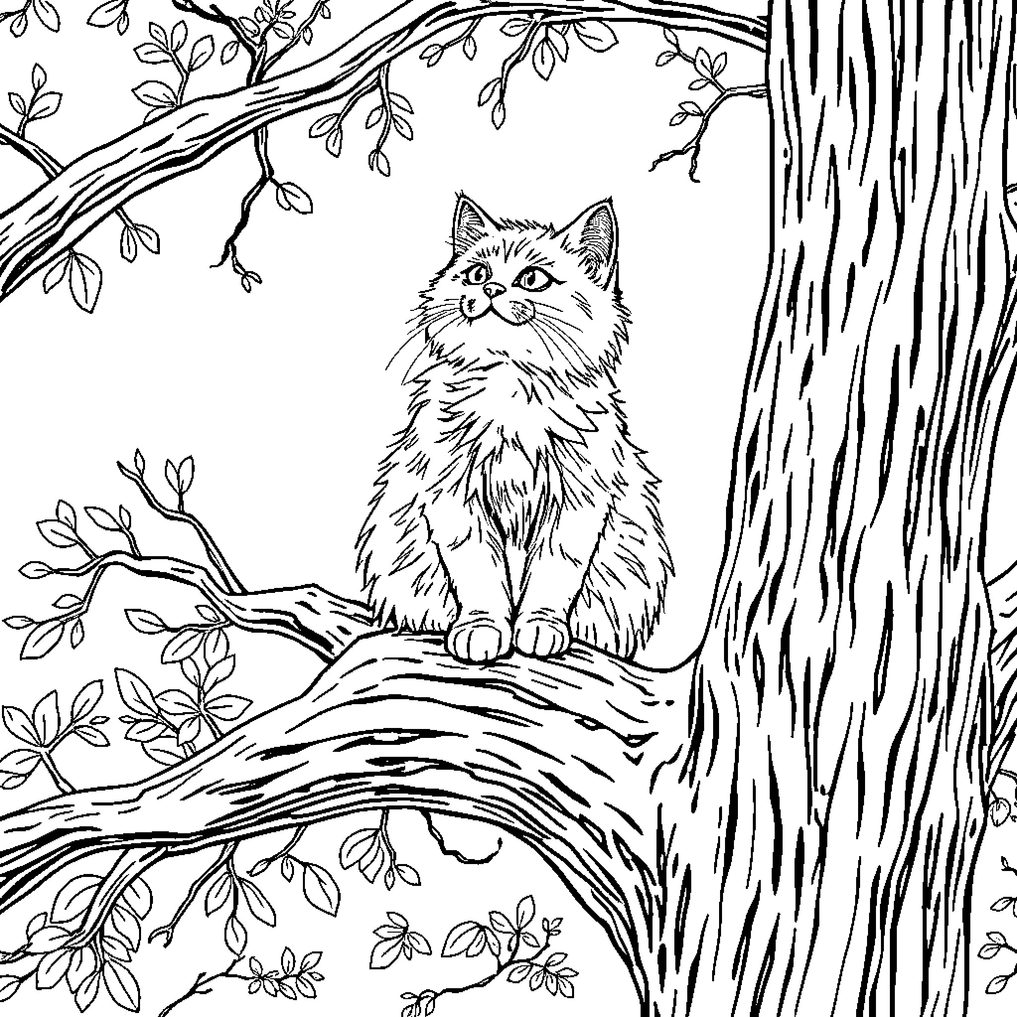 Cat perched on tree branch in forest Coloring Page (free black-and-white line drawing printable PDF for all, from beginners to advanced learners, including children, teens, adults, and seniors)