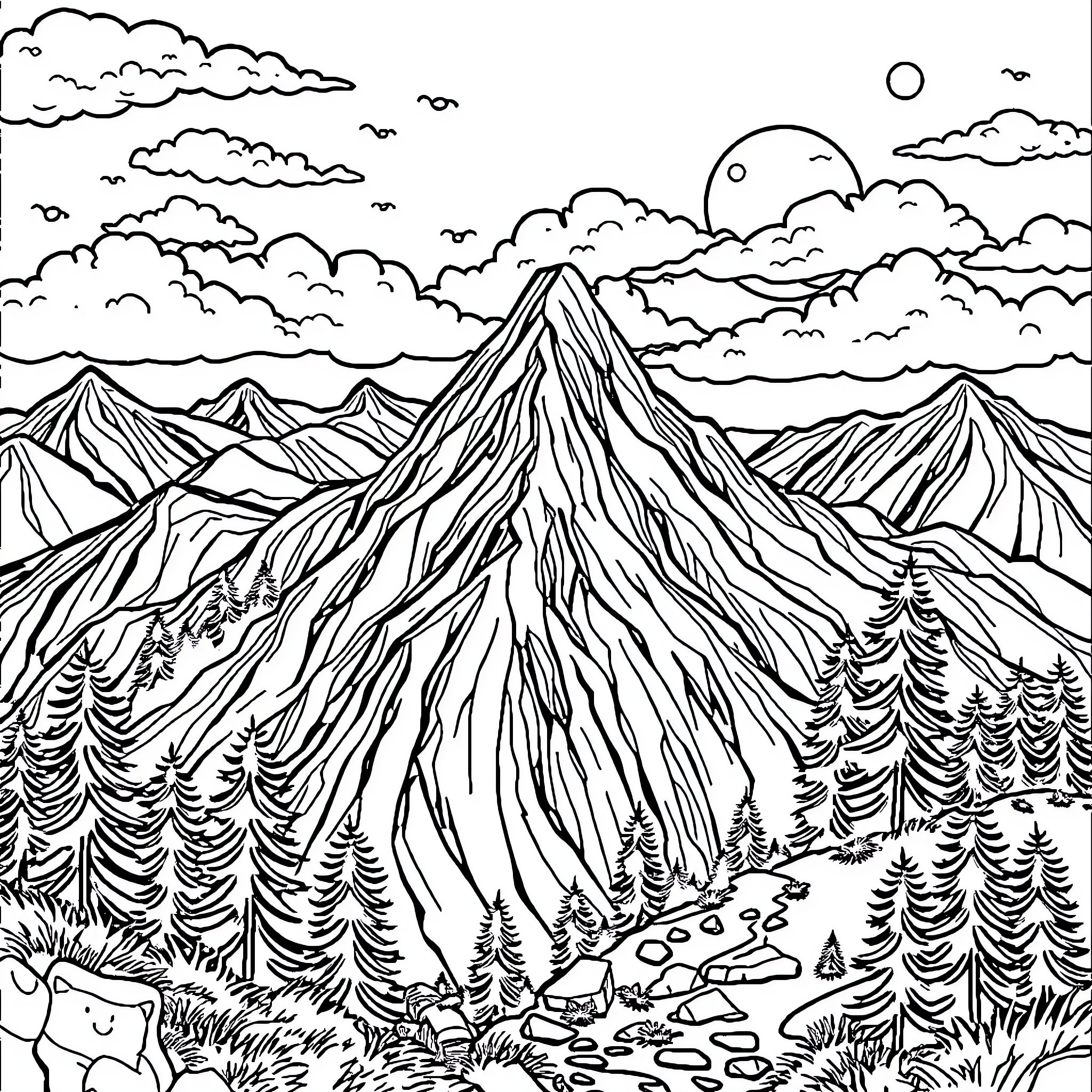 Mountain landscape with dramatic clouds and sun Coloring Page (free black-and-white line drawing printable PDF for all, from beginners to advanced learners, including children, teens, adults, and seniors)