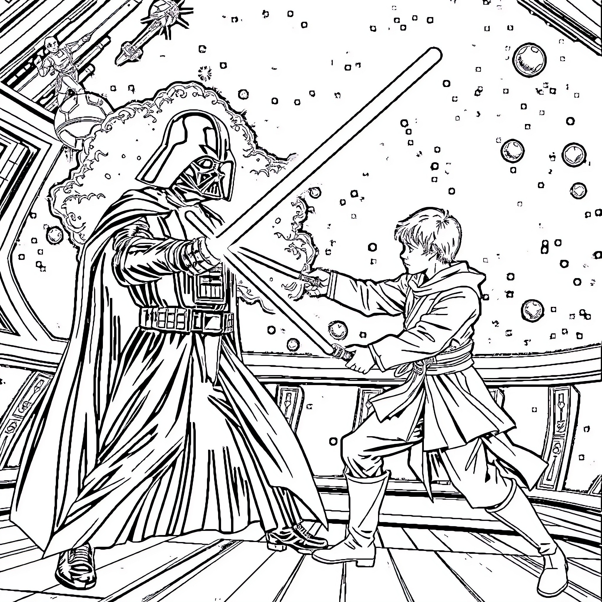 Darth Vader's Lightsaber Duel with the Young Jedi Coloring Page (free black-and-white line drawing printable PDF for all, from beginners to advanced learners, including children, teens, adults, and seniors)
