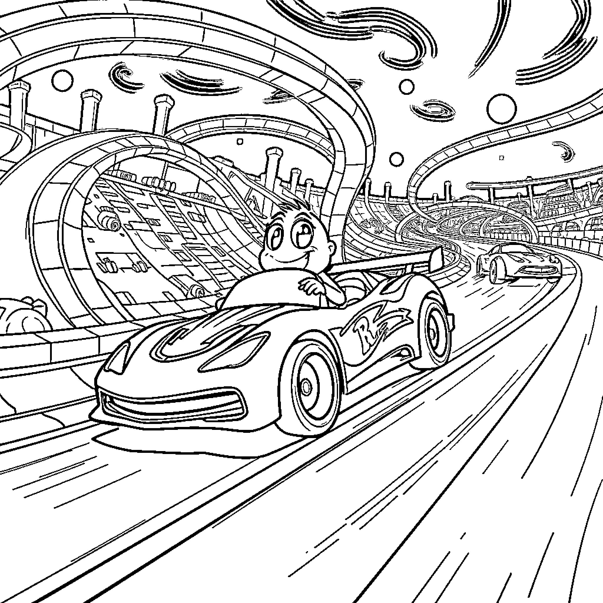 Blippi's Futuristic Racing Adventure Coloring Page (free black-and-white line drawing printable PDF for all, from beginners to advanced learners, including children, teens, adults, and seniors)