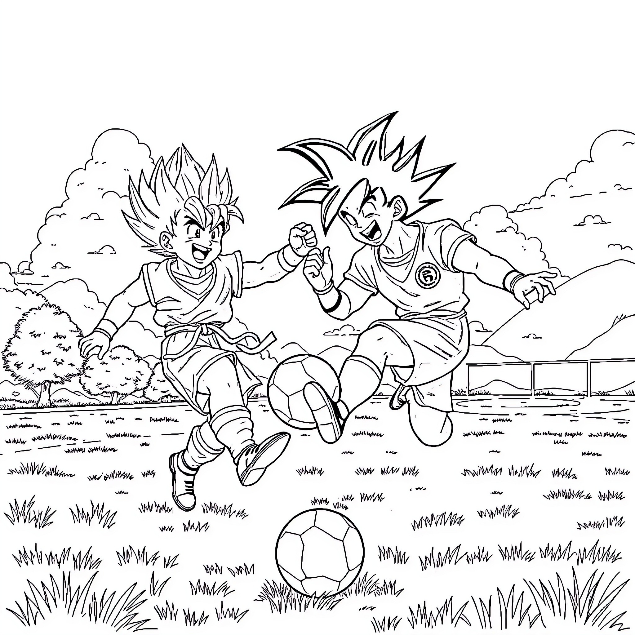 Dragon Ball Z: Goku and Vegeta Intense Sparring Match Coloring Page (free black-and-white line drawing printable PDF for all, from beginners to advanced learners, including children, teens, adults, and seniors)