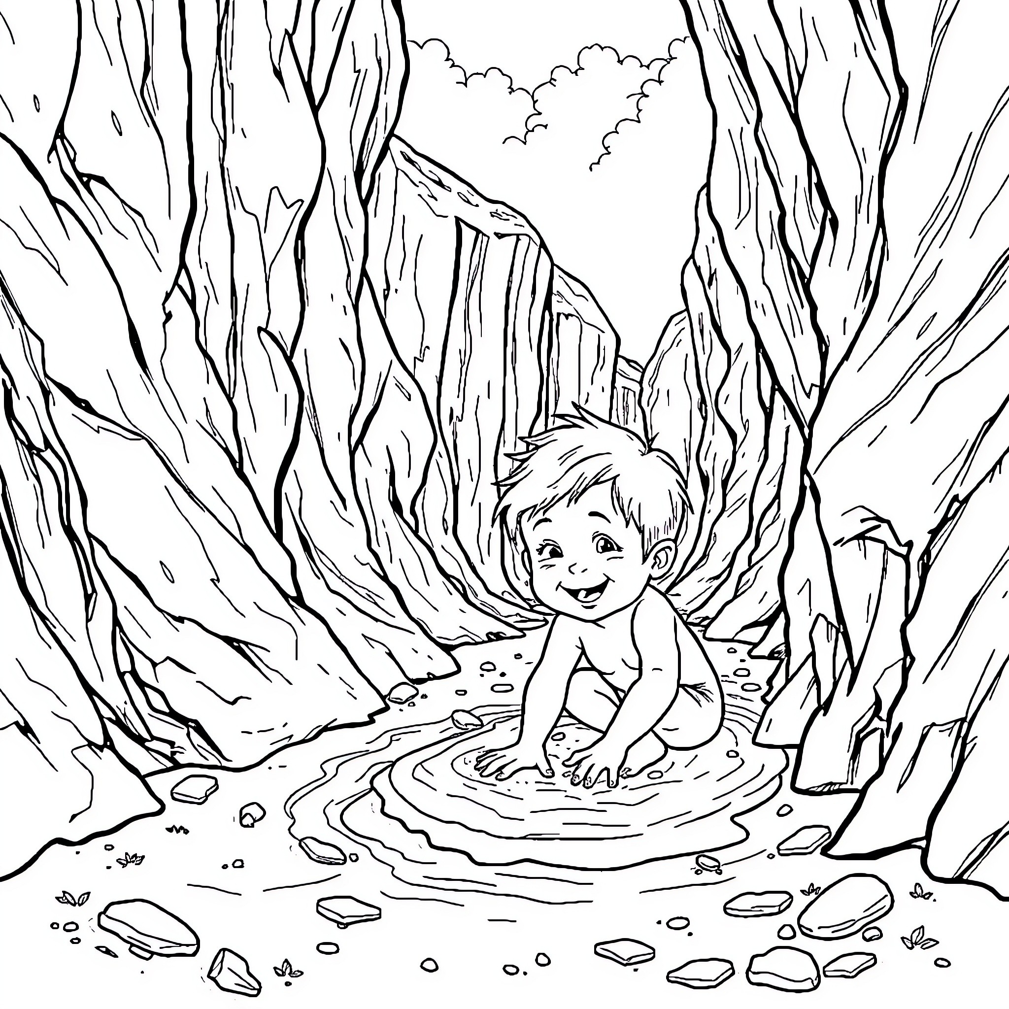 Gorge adventure of a young child Coloring Page (free black-and-white line drawing printable PDF for all, from beginners to advanced learners, including children, teens, adults, and seniors)